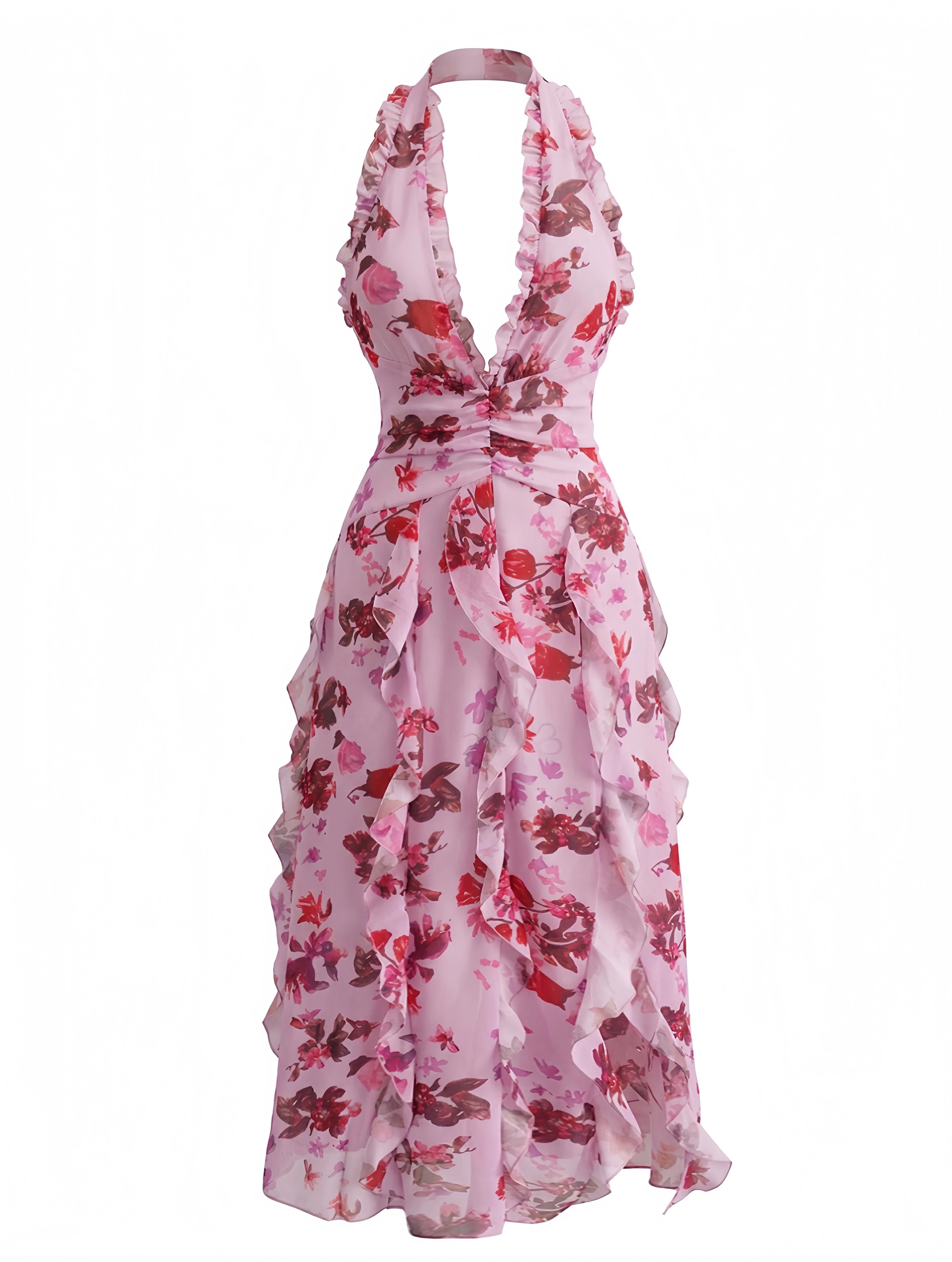 1930s Floral Halter V-Neck Ruffles Pleated Dress - Image 4