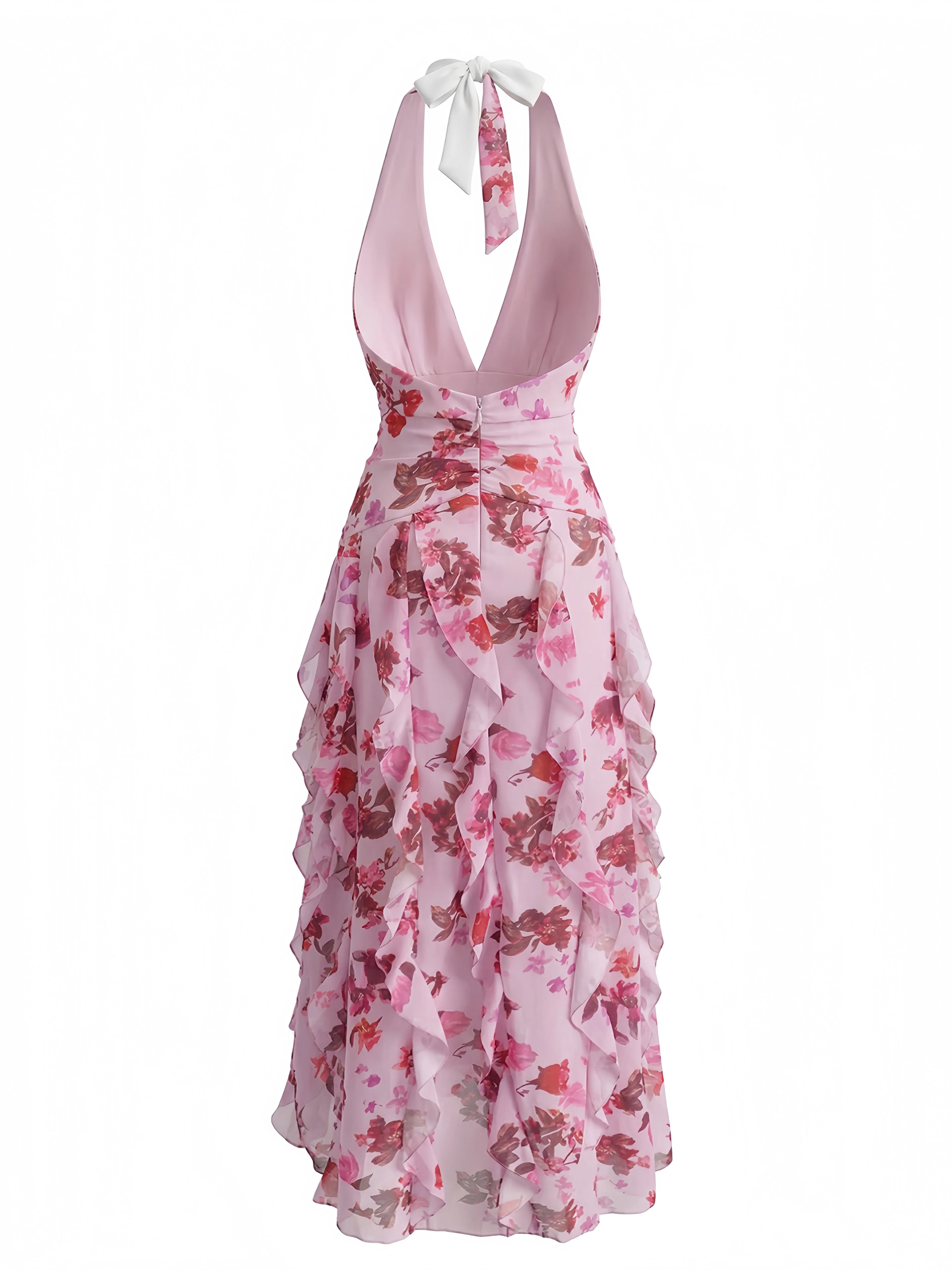 1930s Floral Halter V-Neck Ruffles Pleated Dress - Image 5