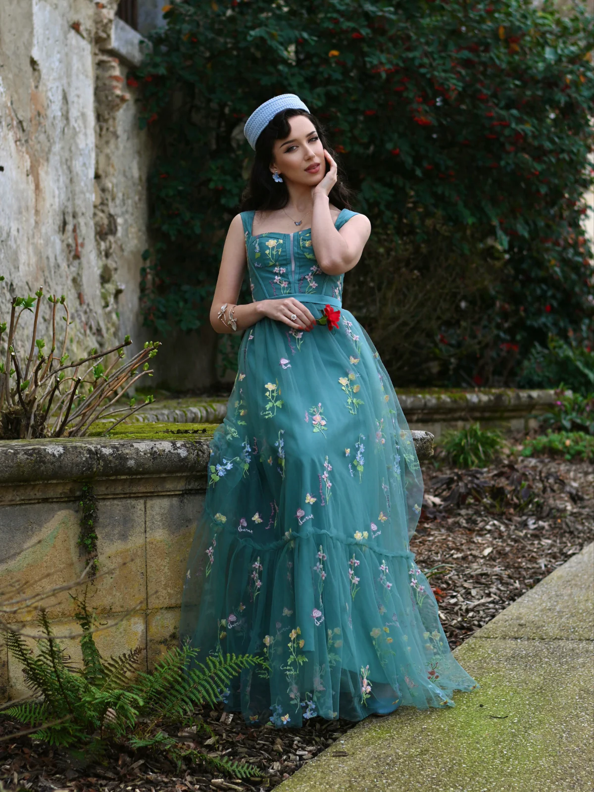 1930s Floral Mesh Boned Lace-Up Dress - Image 2