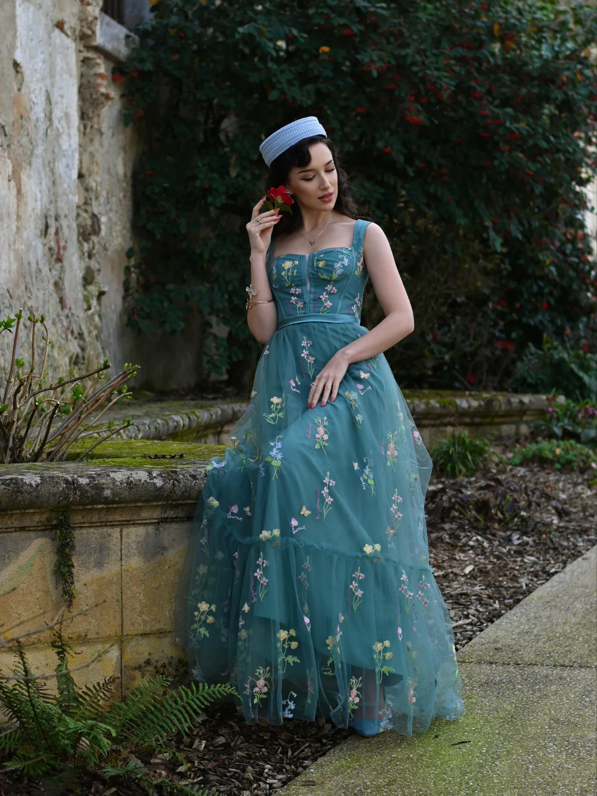 1930s Floral Mesh Boned Lace-Up Dress - Image 3