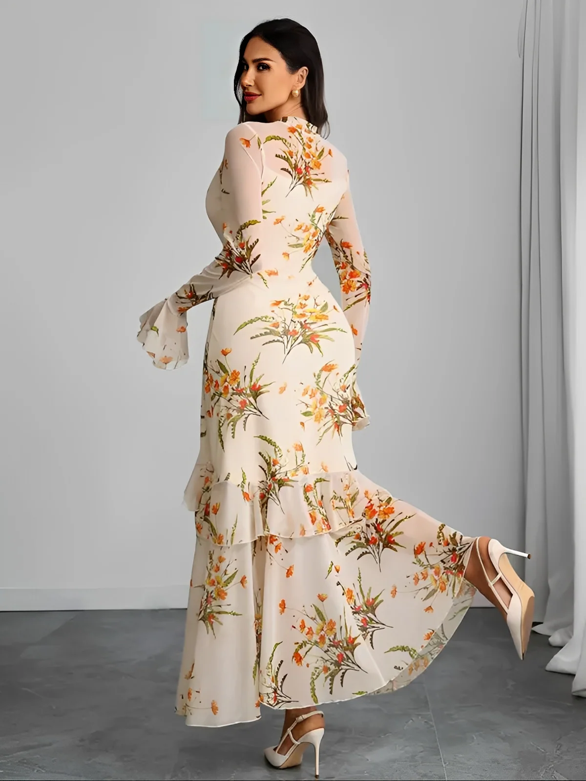 1930s Floral Mesh Ruffle Maxi Dress - Image 2