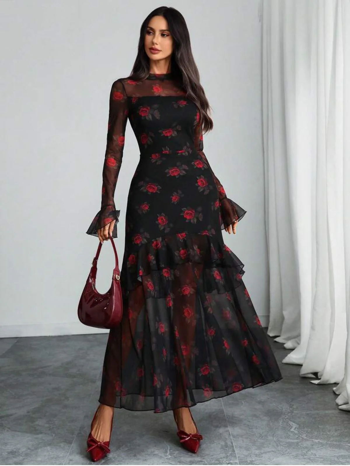 1930s Floral Mesh Ruffle Maxi Dress - Image 3