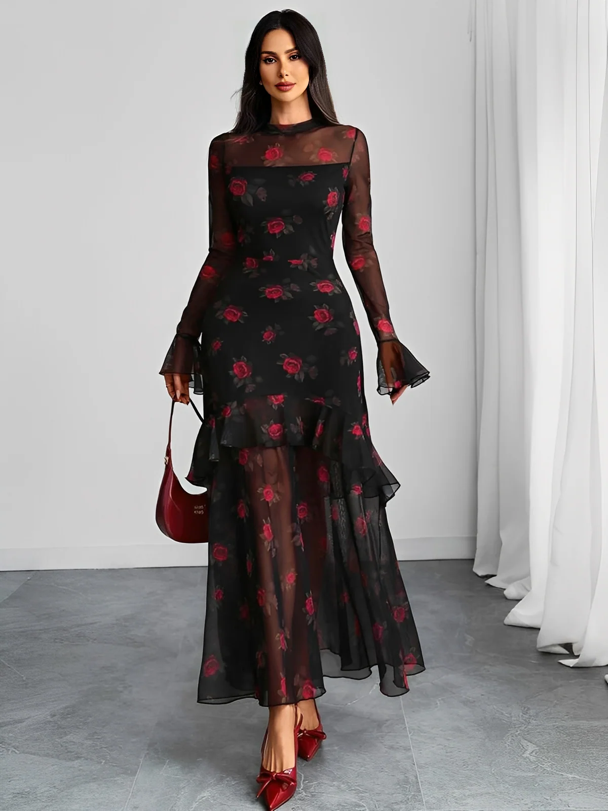 1930s Floral Mesh Ruffle Maxi Dress - Image 4