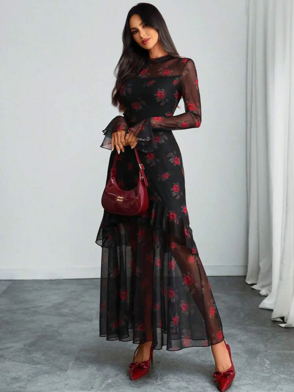 1930s Floral Mesh Ruffle Maxi Dress - Image 5
