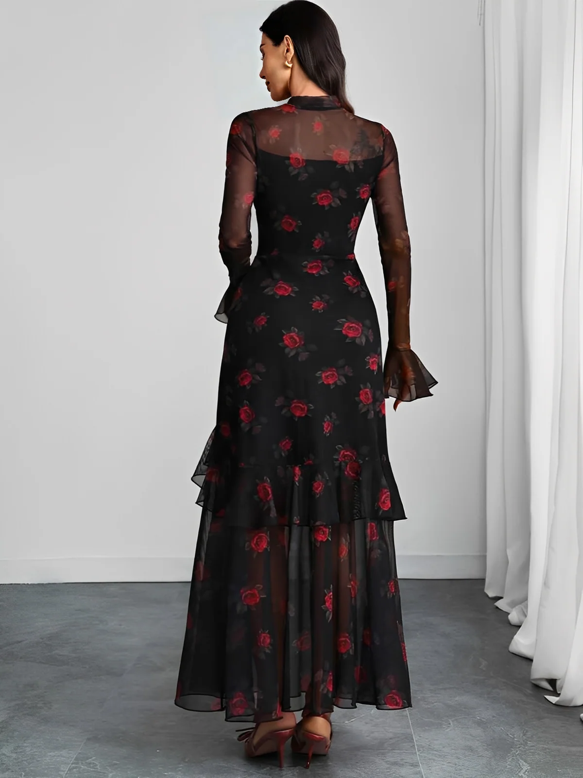 1930s Floral Mesh Ruffle Maxi Dress - Image 6