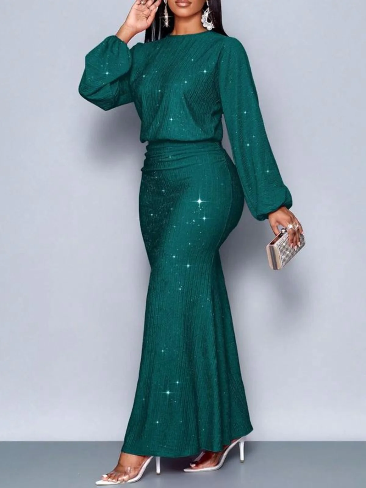 1930s Glitter Ruched Lantern Sleeve Knit Fishtail Dress - Image 10