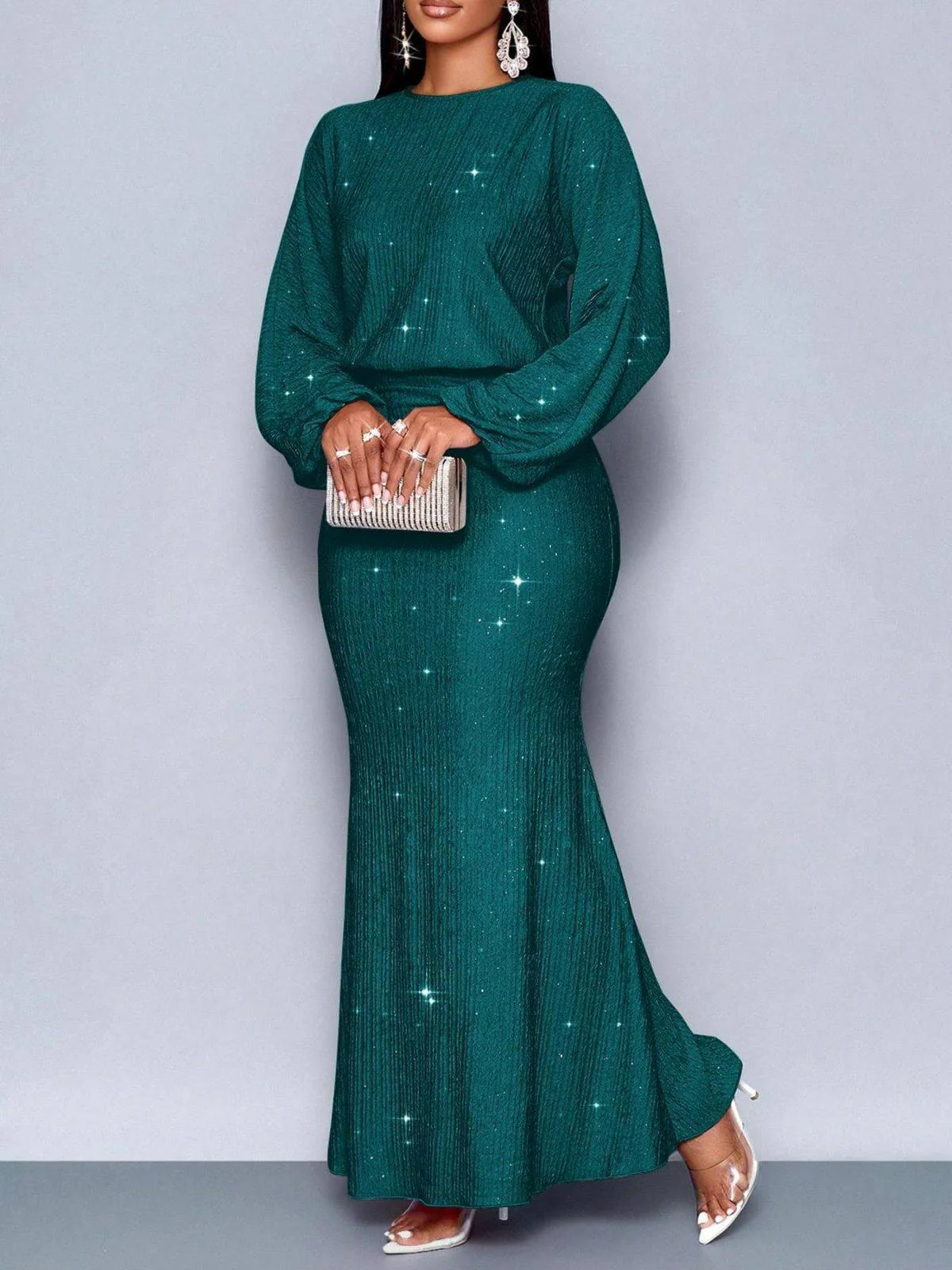 1930s Glitter Ruched Lantern Sleeve Knit Fishtail Dress - Image 11
