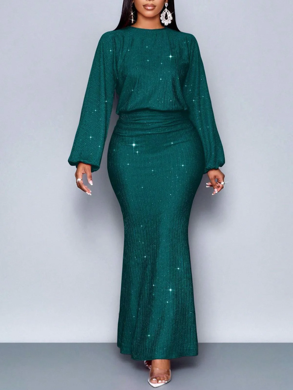1930s Glitter Ruched Lantern Sleeve Knit Fishtail Dress - Image 12