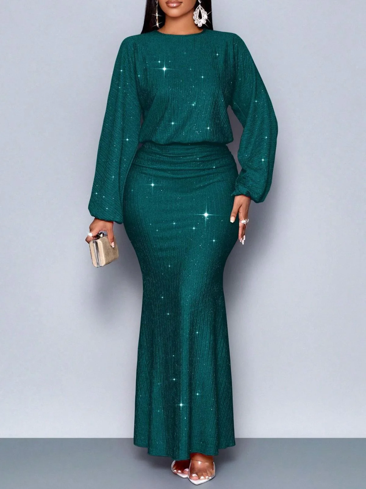 1930s Glitter Ruched Lantern Sleeve Knit Fishtail Dress - Image 13