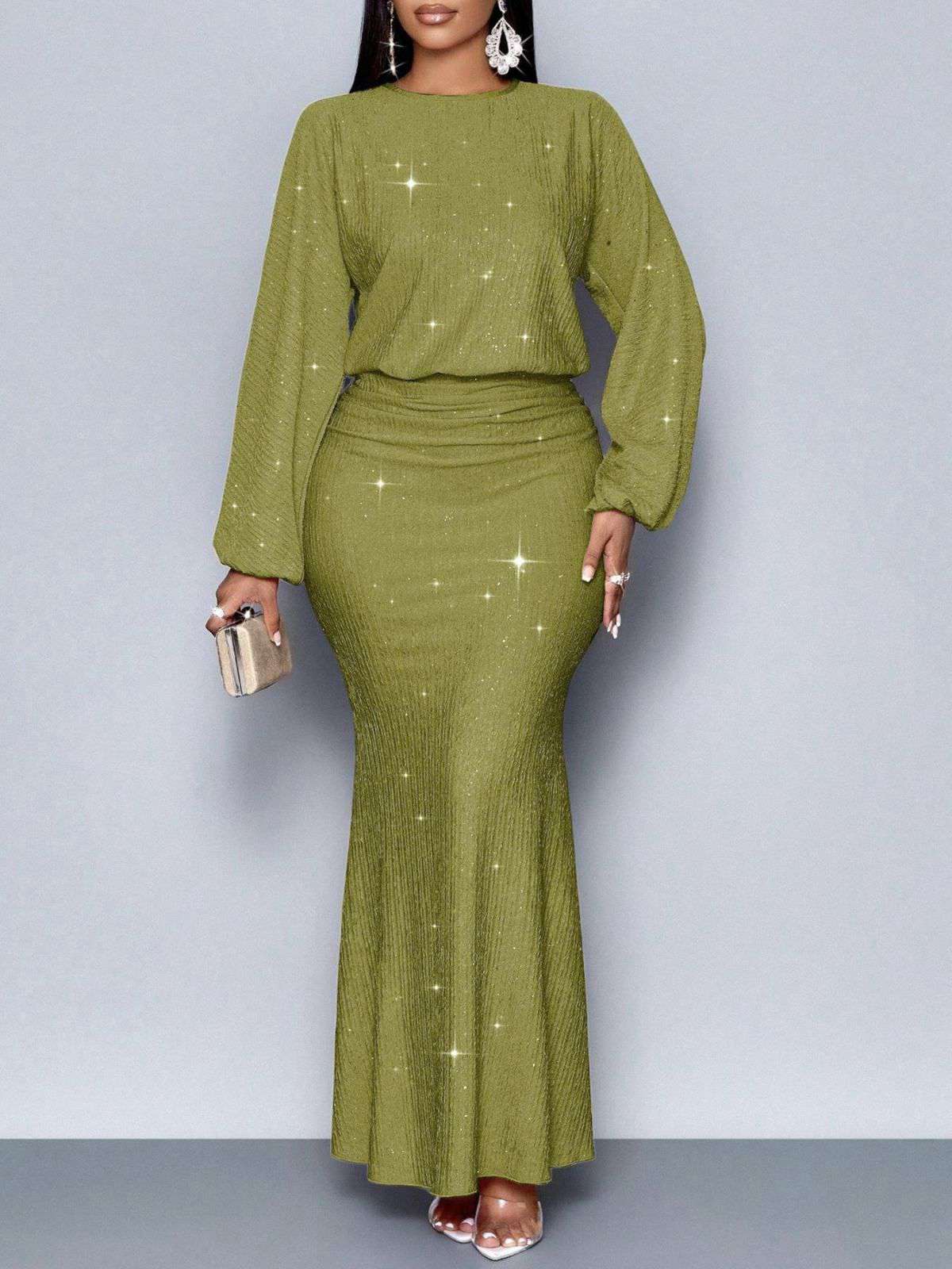 1930s Glitter Ruched Lantern Sleeve Knit Fishtail Dress - Image 14