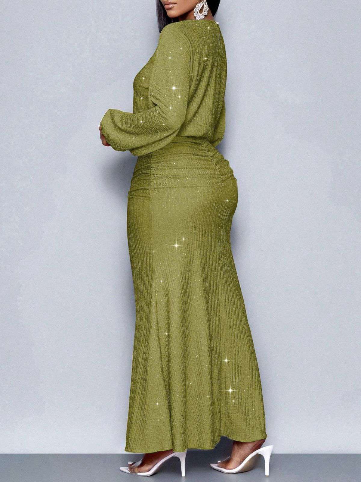 1930s Glitter Ruched Lantern Sleeve Knit Fishtail Dress - Image 15