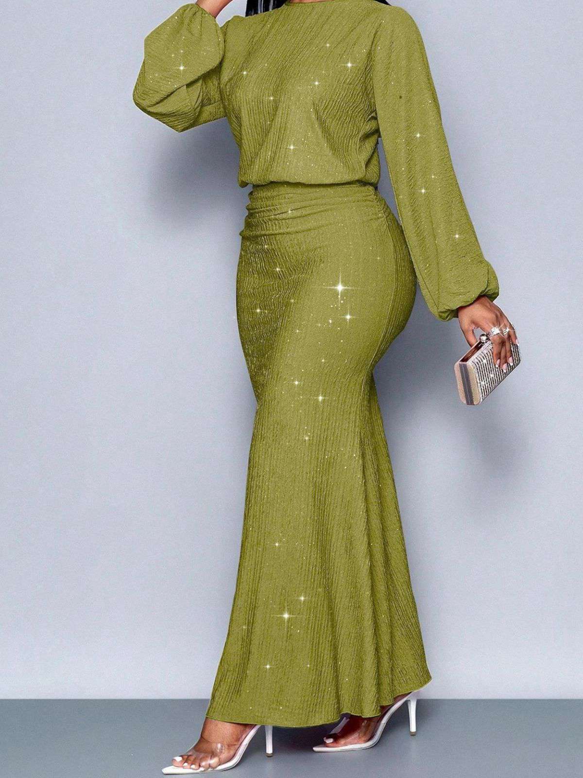 1930s Glitter Ruched Lantern Sleeve Knit Fishtail Dress - Image 16