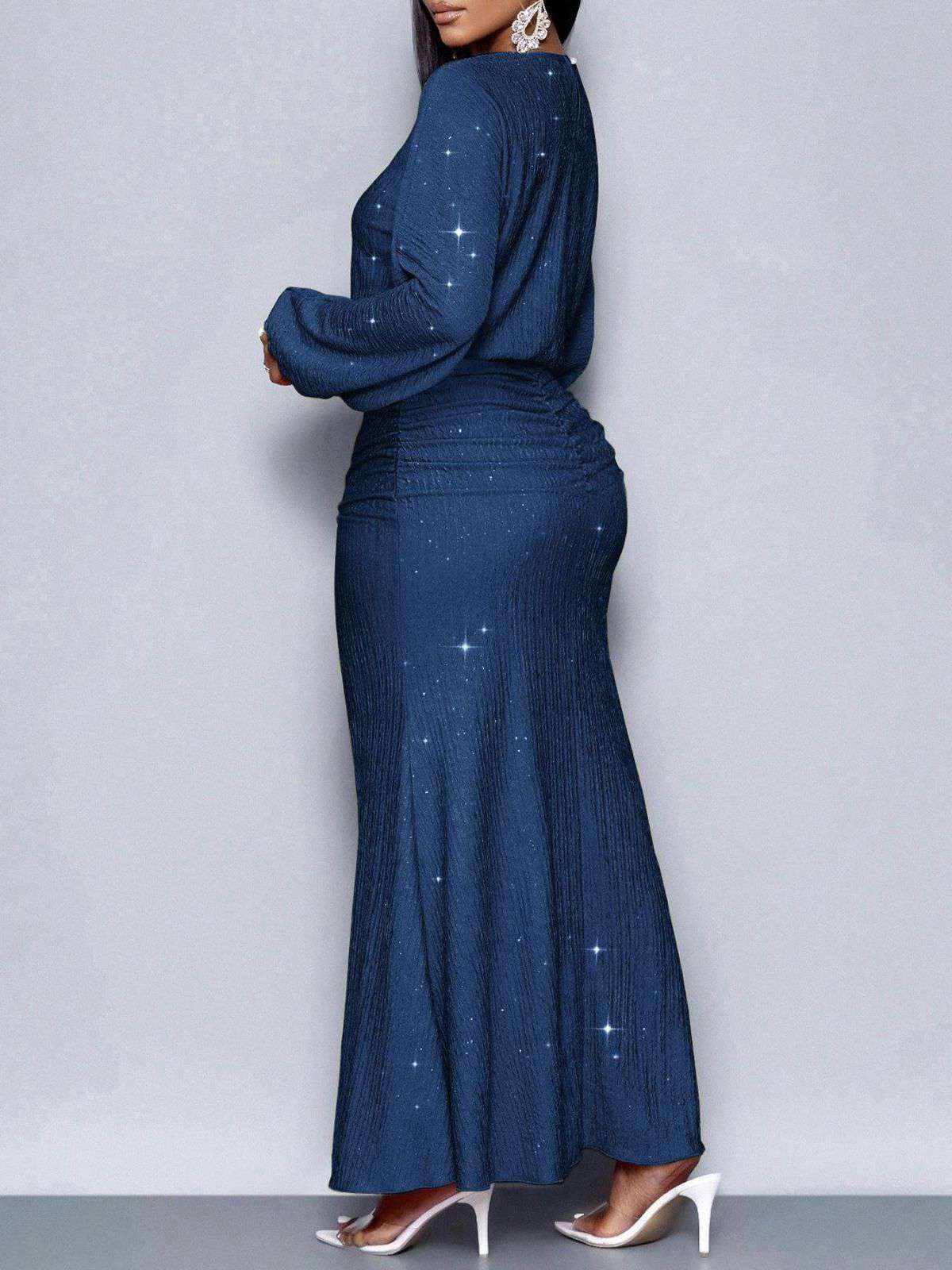 1930s Glitter Ruched Lantern Sleeve Knit Fishtail Dress - Image 4