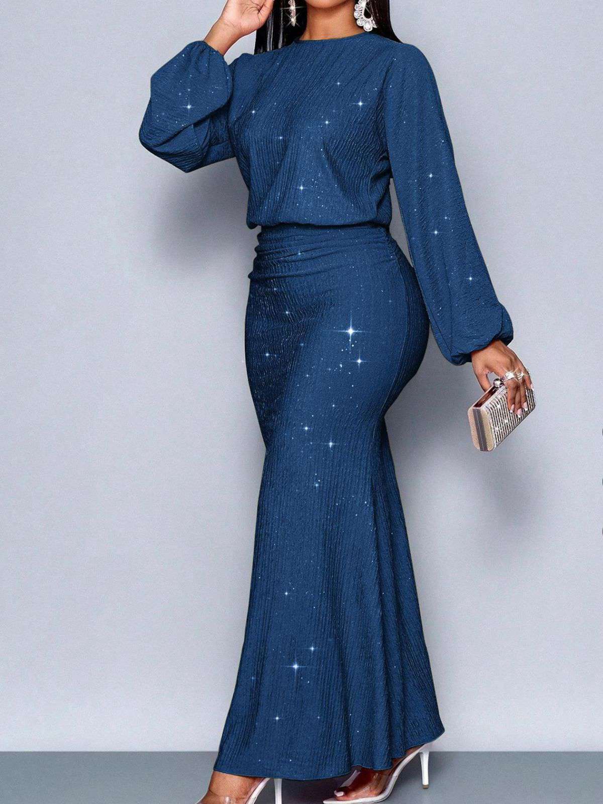 1930s Glitter Ruched Lantern Sleeve Knit Fishtail Dress - Image 5