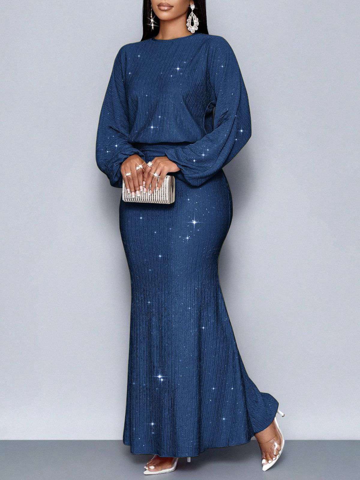 1930s Glitter Ruched Lantern Sleeve Knit Fishtail Dress - Image 7