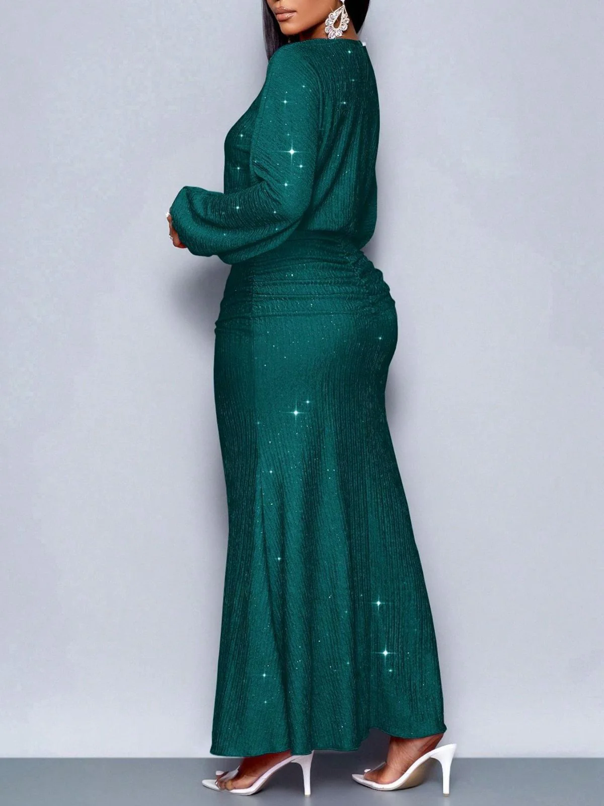 1930s Glitter Ruched Lantern Sleeve Knit Fishtail Dress - Image 9
