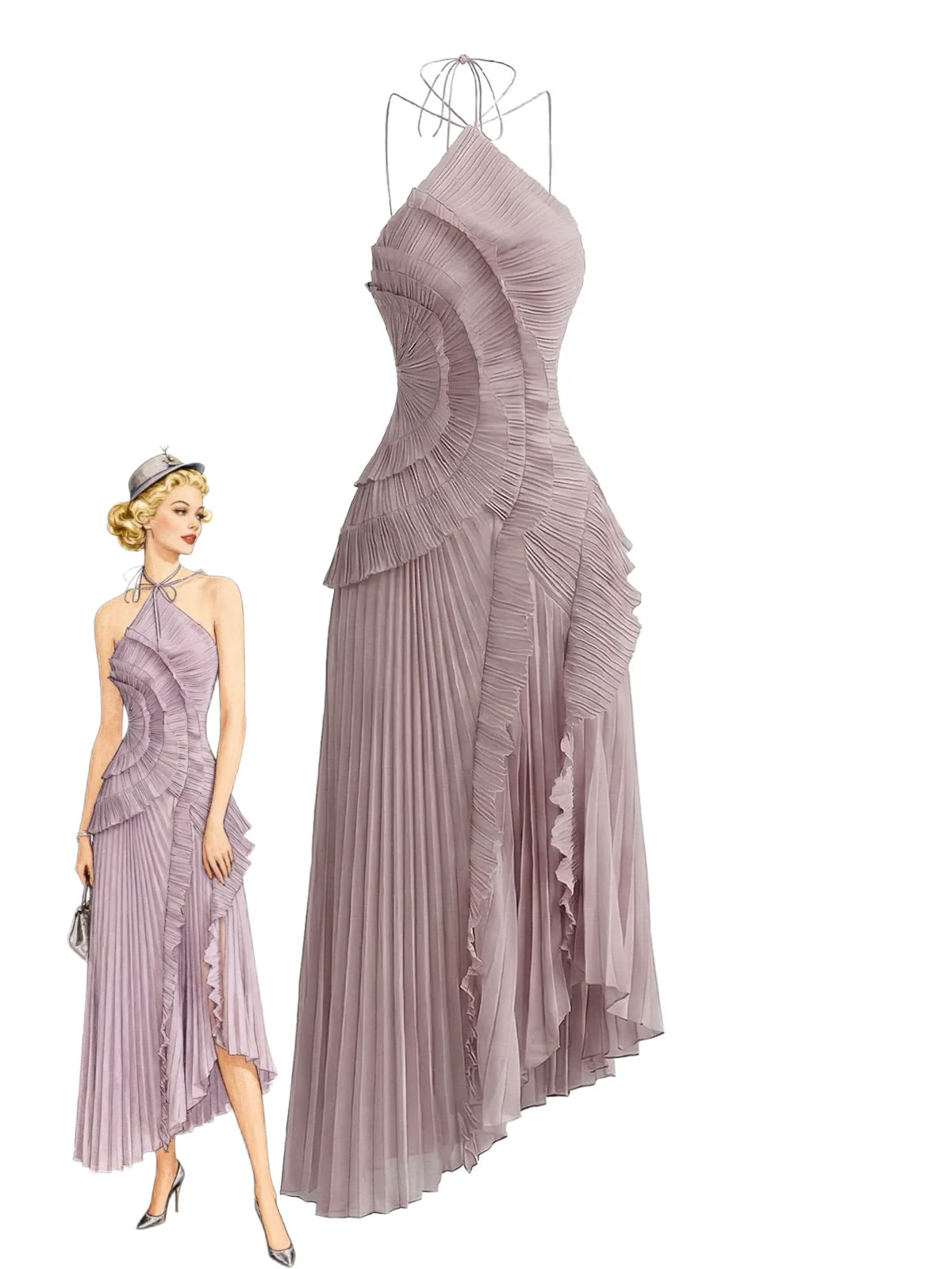 1930s Halter Ruffle Pleated Slit Maxi Dress - Image 4