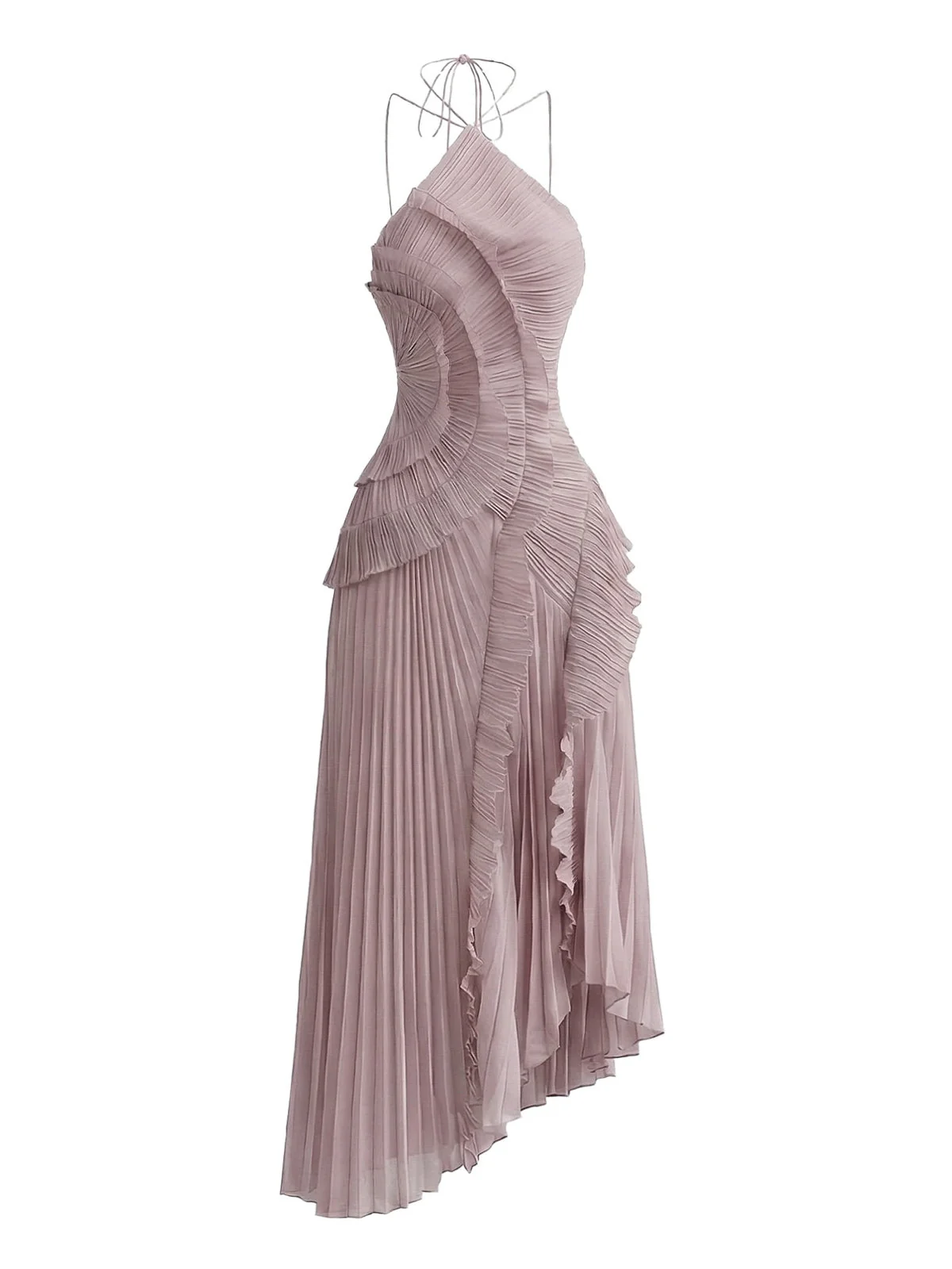 1930s Halter Ruffle Pleated Slit Maxi Dress - Image 5