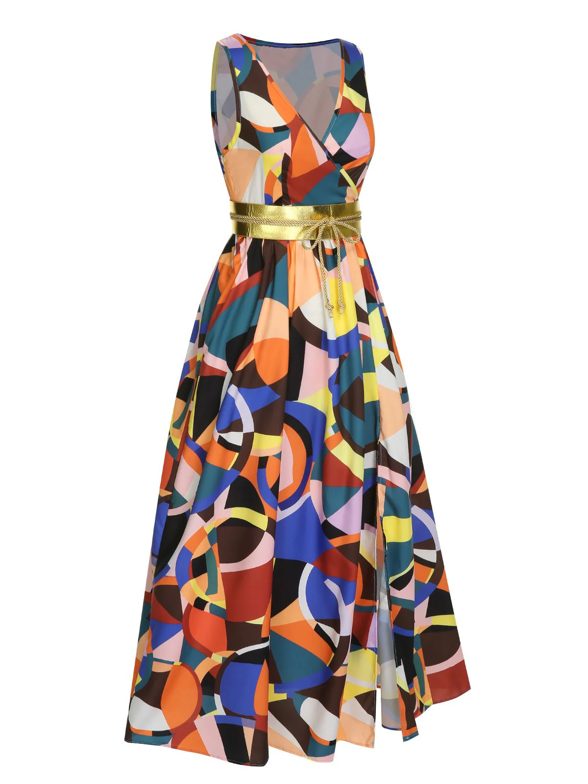1930s High Slit V-Neck Belted Dress - Image 2
