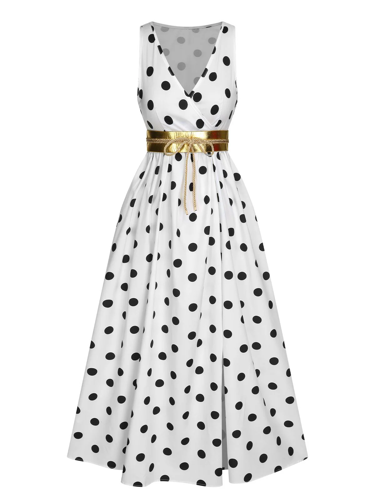 1930s High Slit V-Neck Belted Dress - Image 7