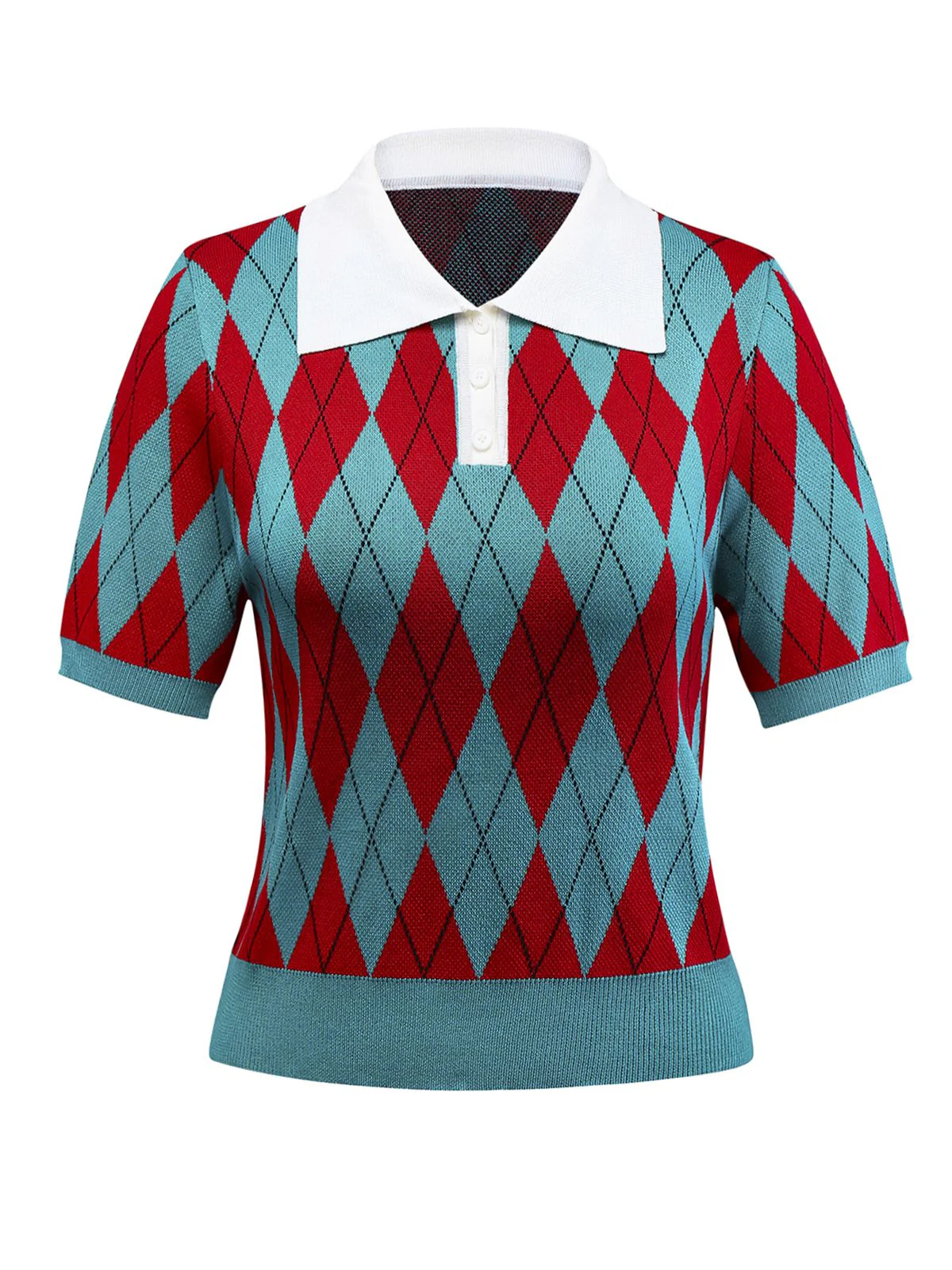 1930s Lapel Collar Color Block Diamond Grid Sweater - Image 2