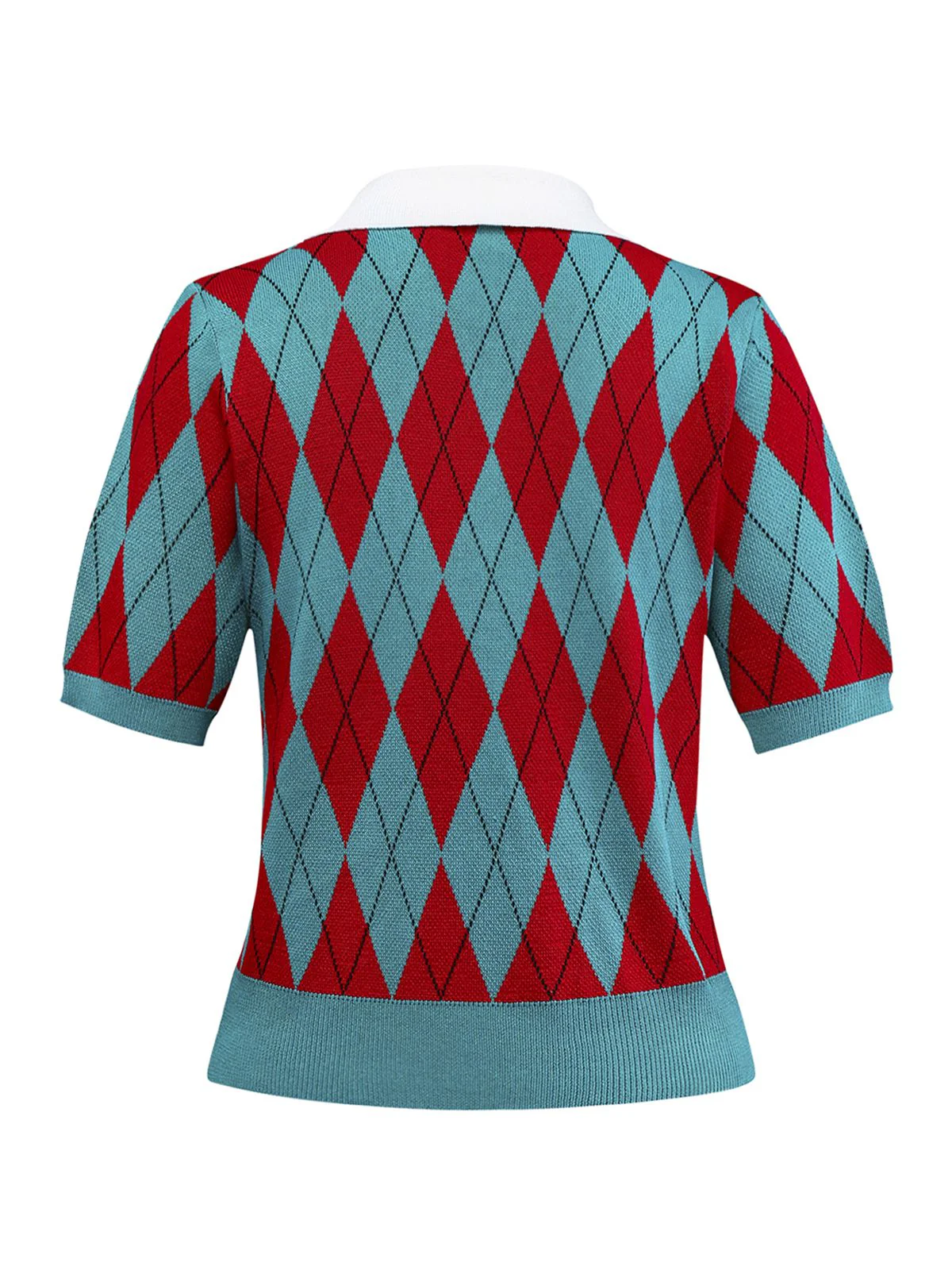 1930s Lapel Collar Color Block Diamond Grid Sweater - Image 3