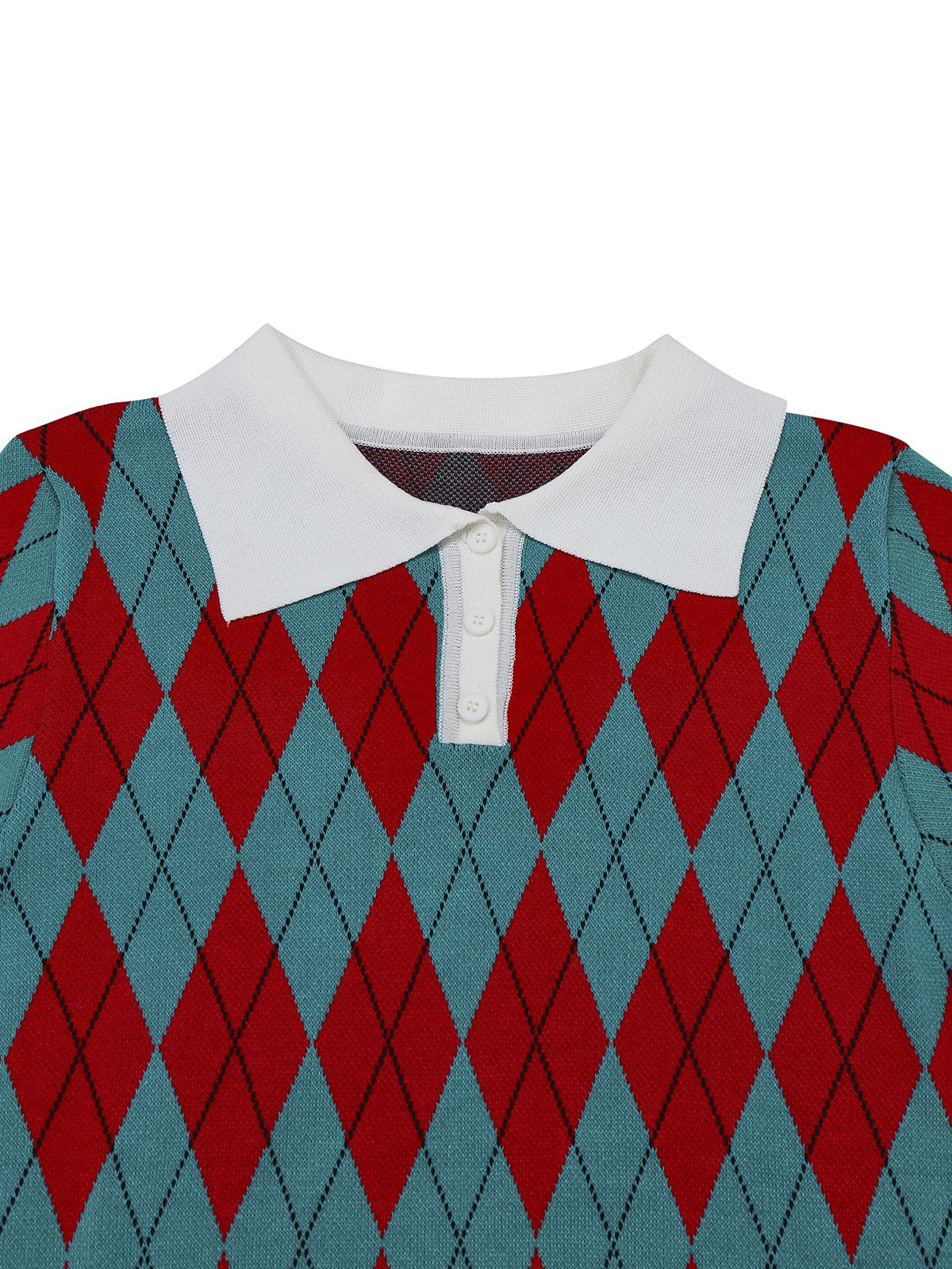 1930s Lapel Collar Color Block Diamond Grid Sweater - Image 4
