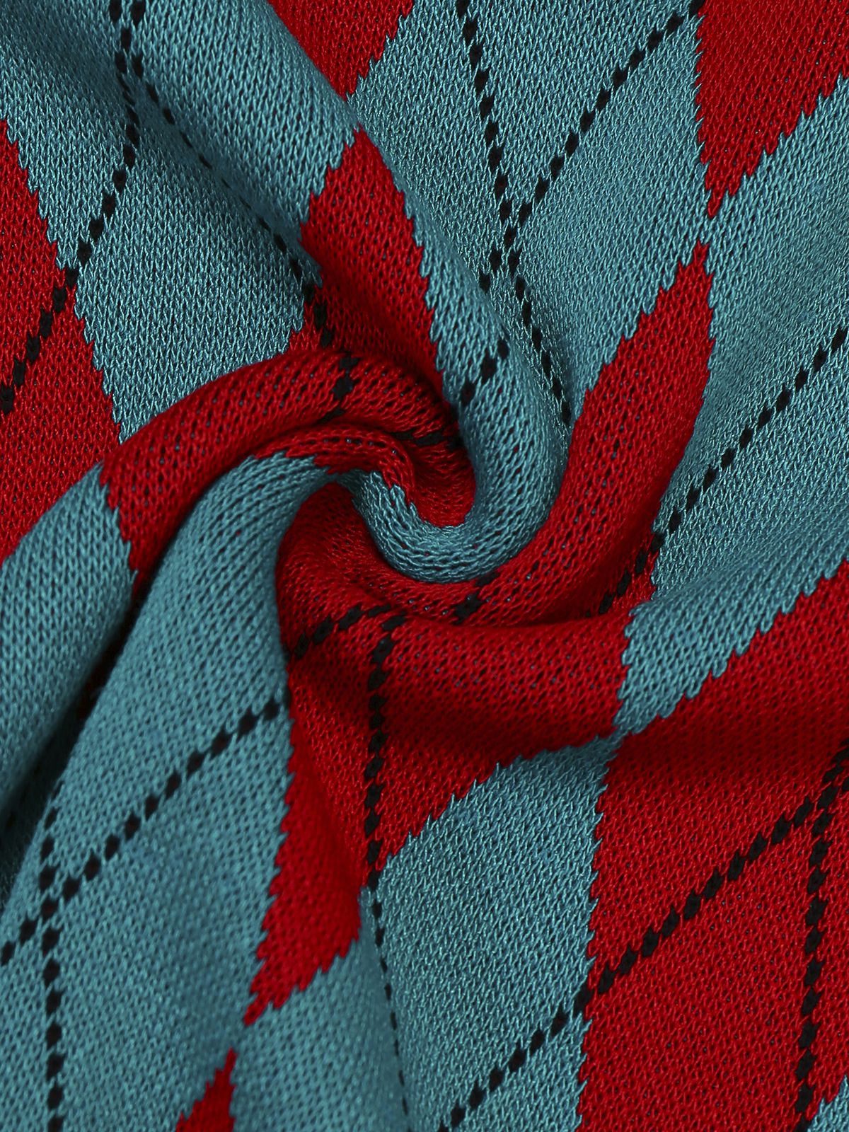 1930s Lapel Collar Color Block Diamond Grid Sweater - Image 6
