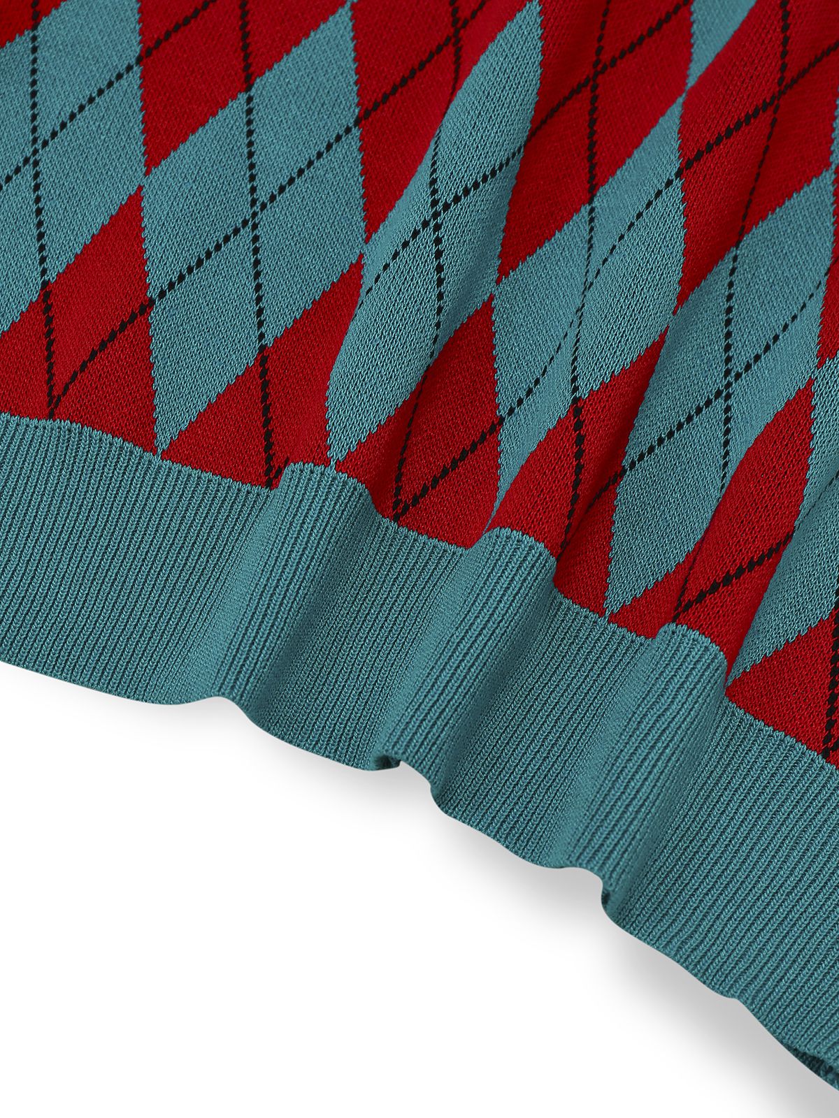 1930s Lapel Collar Color Block Diamond Grid Sweater - Image 7