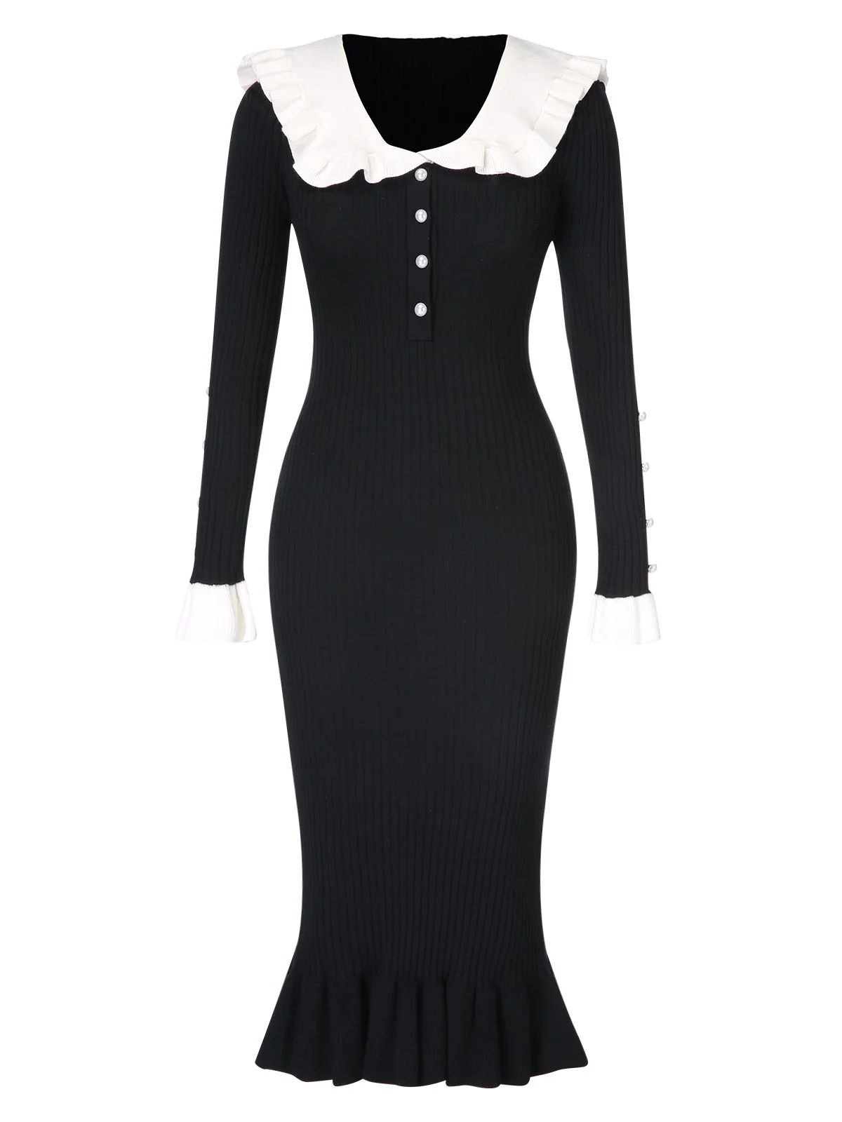 1930s Lapel Knitted Colorblock Fishtail Dress - Image 2