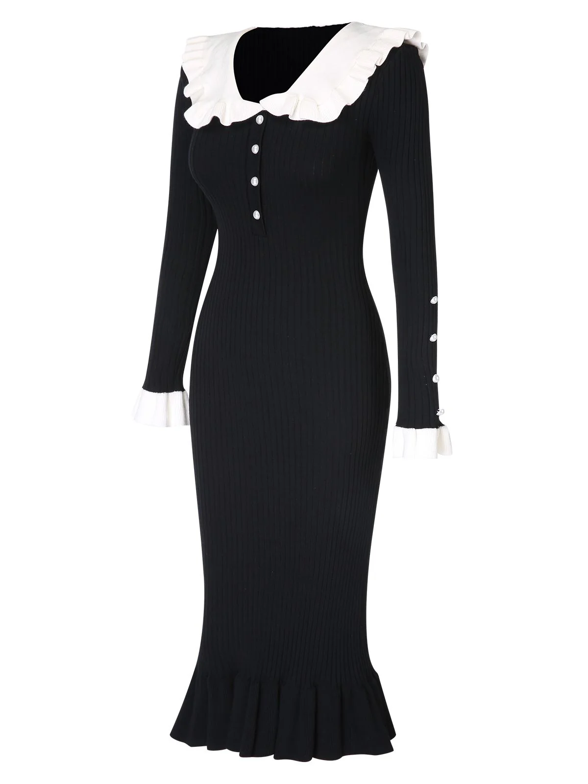 1930s Lapel Knitted Colorblock Fishtail Dress - Image 3
