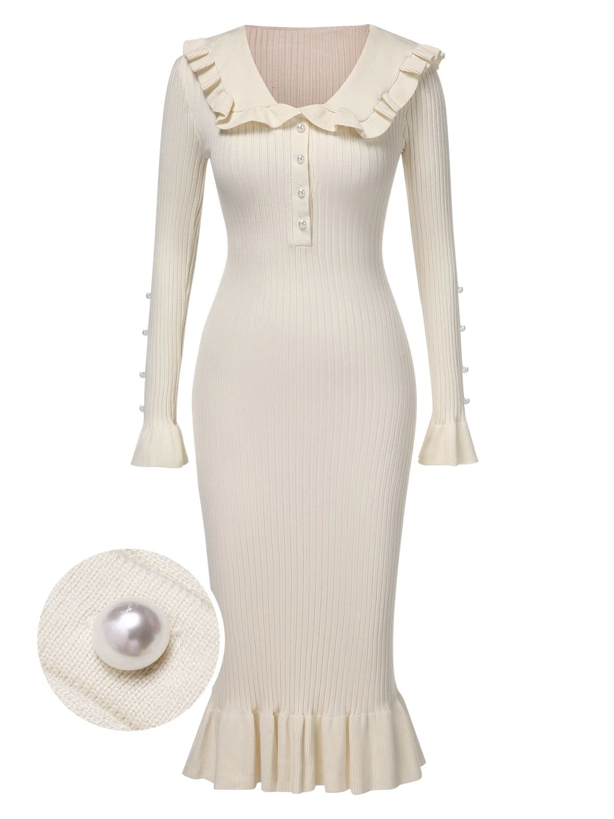 1930s Lapel Knitted Colorblock Fishtail Dress - Image 4