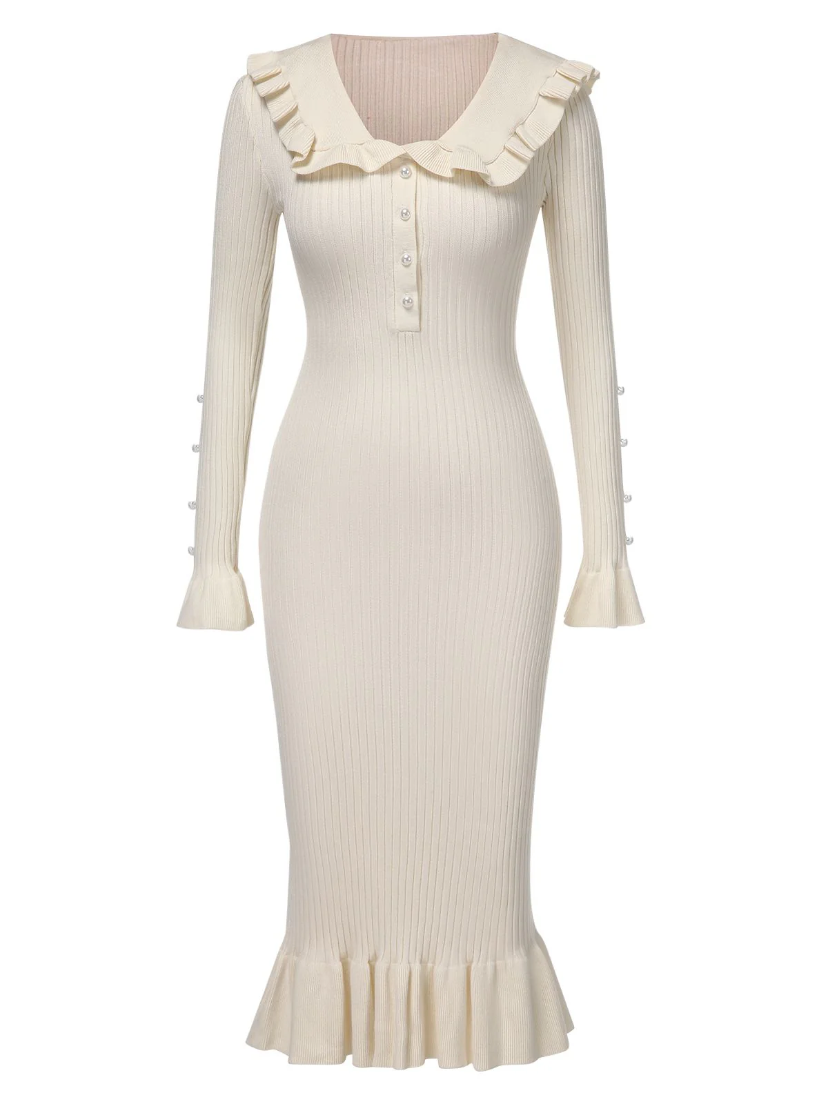 1930s Lapel Knitted Colorblock Fishtail Dress - Image 8