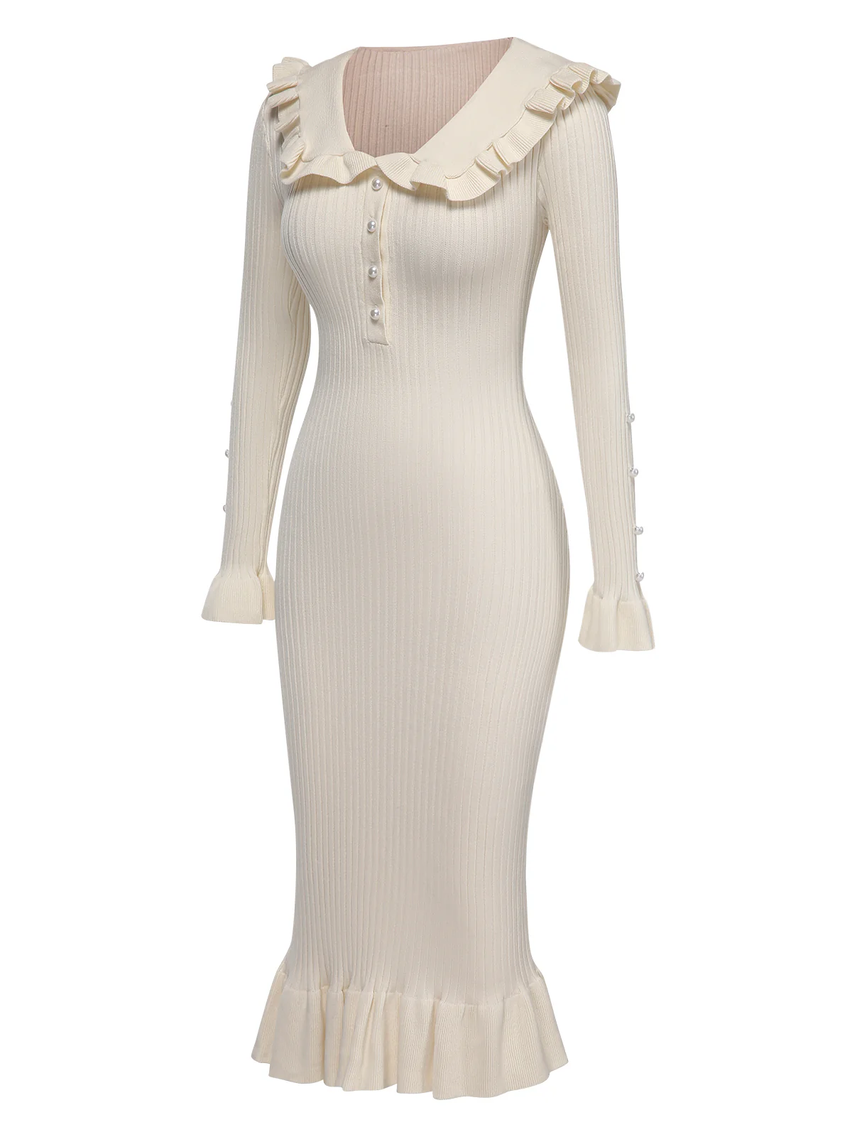 1930s Lapel Knitted Colorblock Fishtail Dress - Image 9