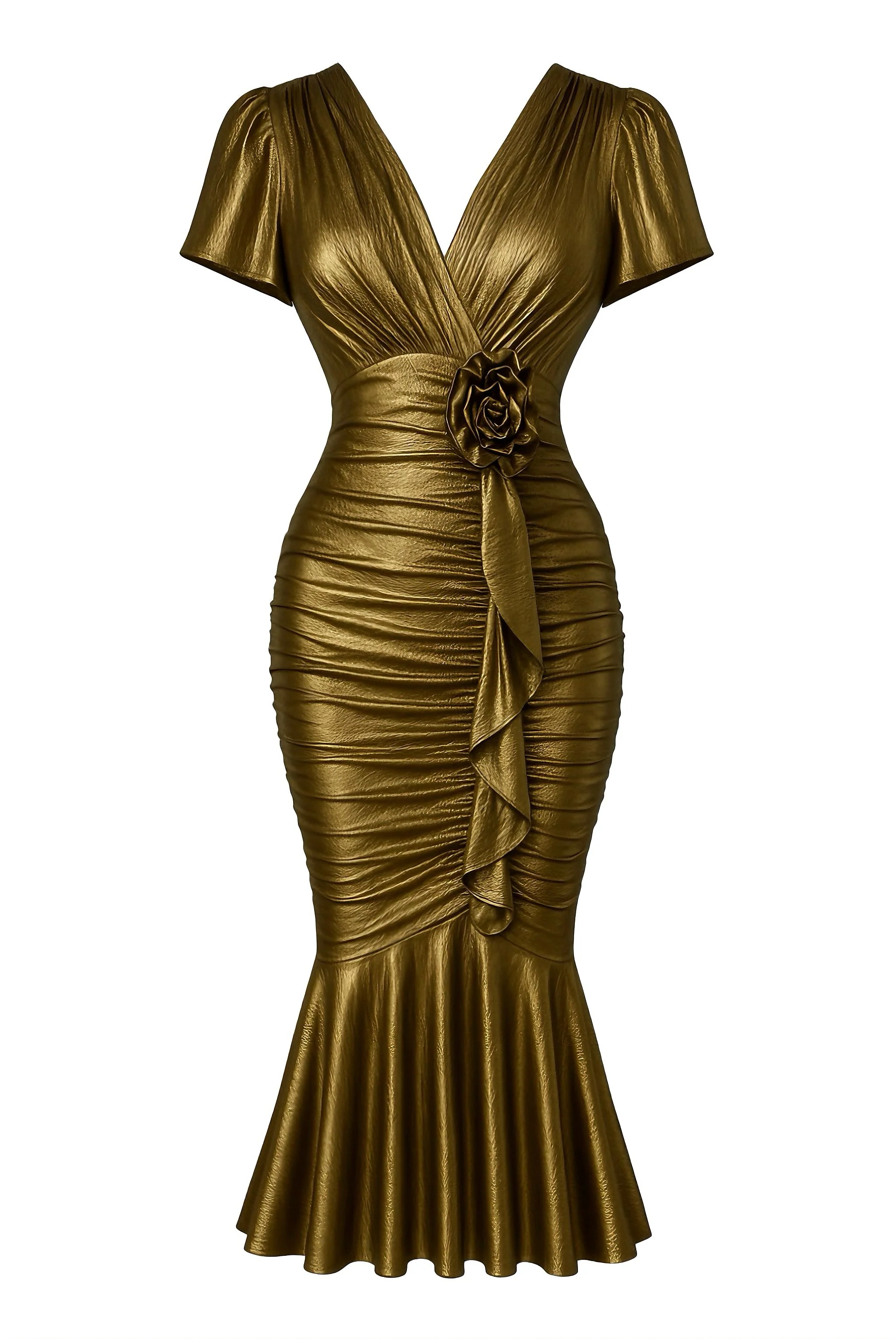 1930s Metallic Textured Floral Cinched Waist Fishtail Dress - Image 2