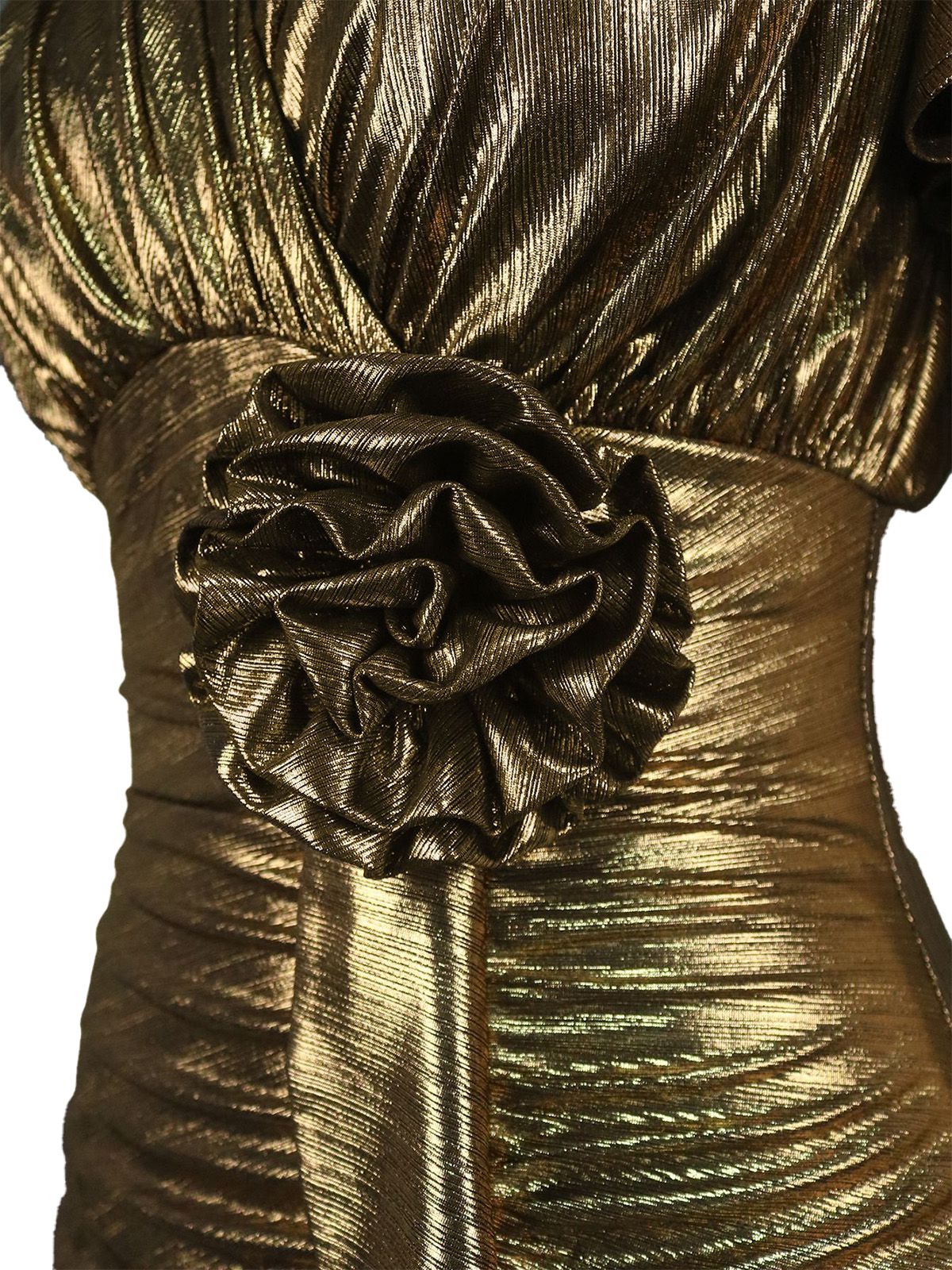 1930s Metallic Textured Floral Cinched Waist Fishtail Dress - Image 4