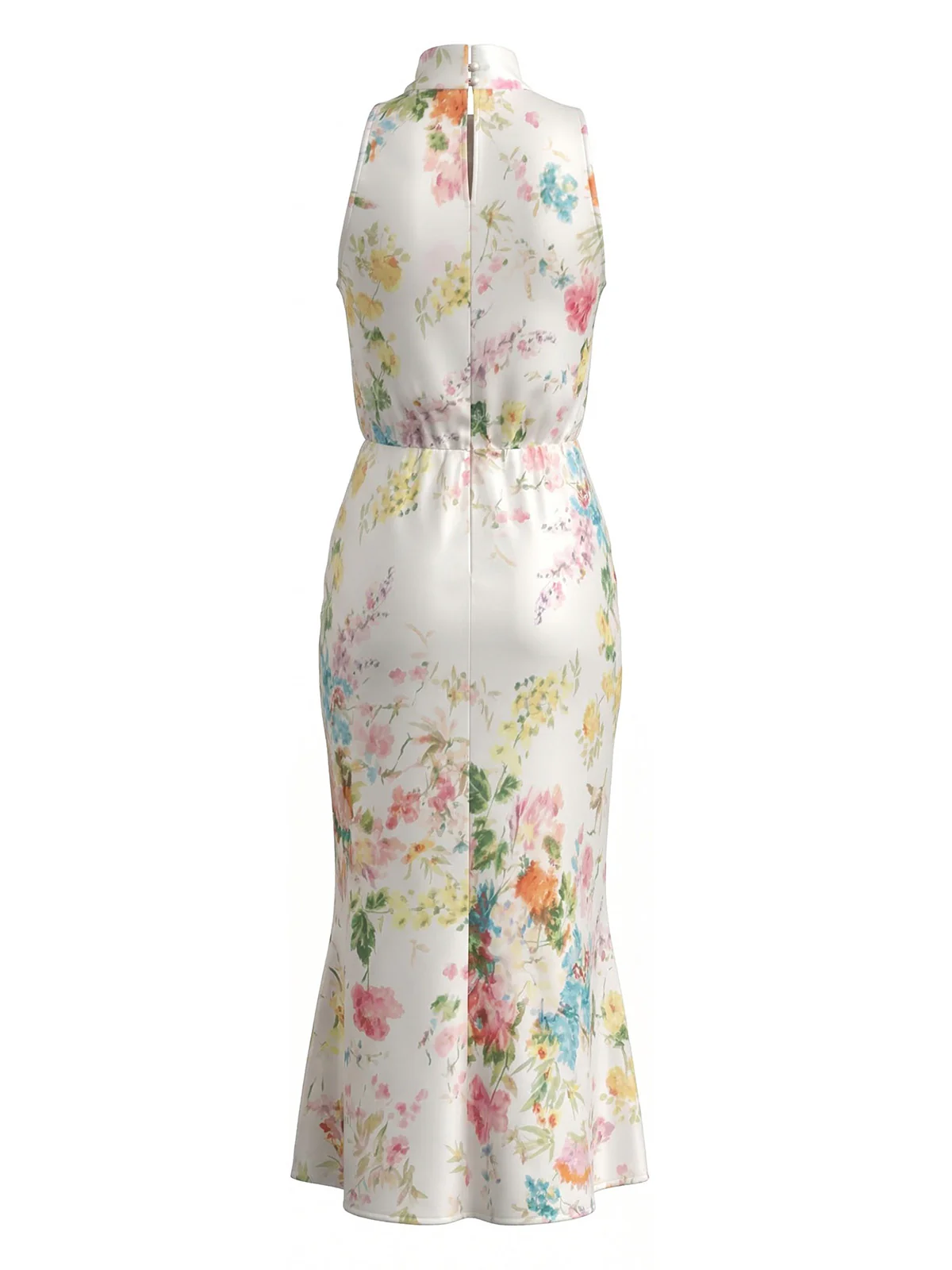 1930s Mock Neck Watercolor Floral Satin Mermaid Dress - Image 2