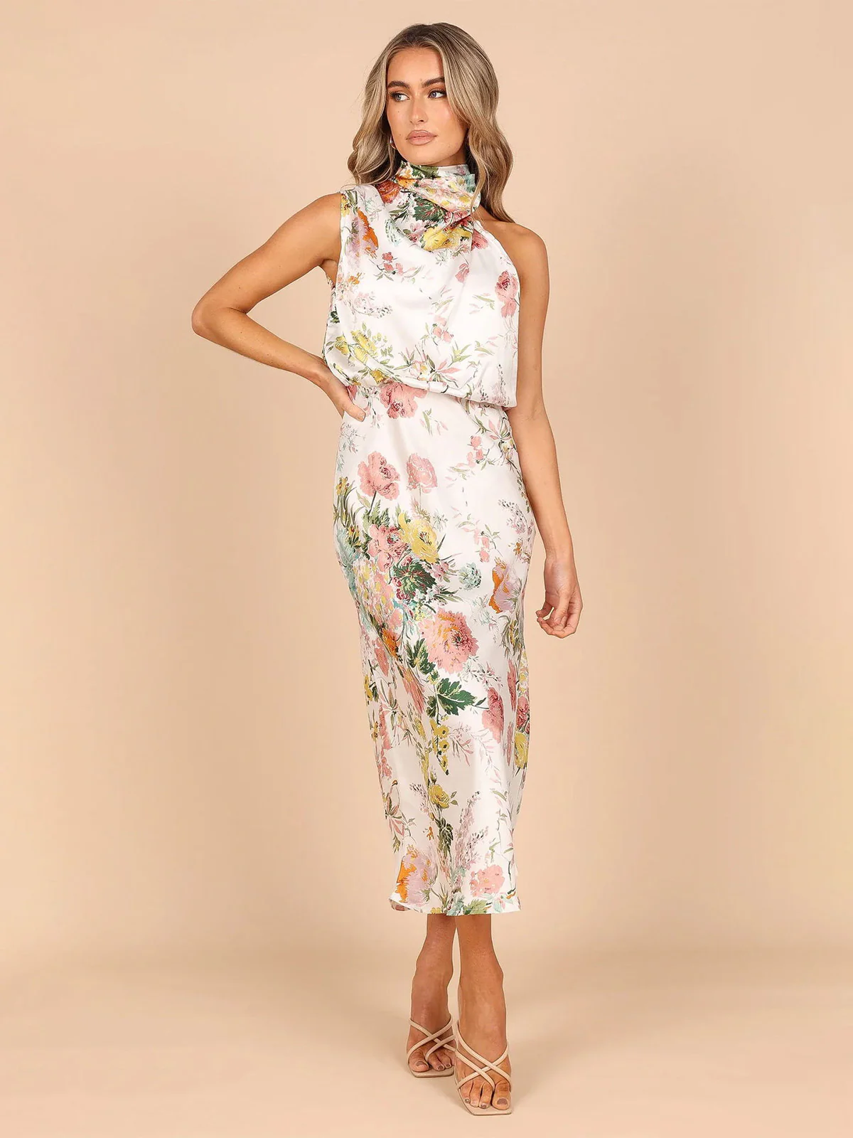 1930s Mock Neck Watercolor Floral Satin Mermaid Dress - Image 3