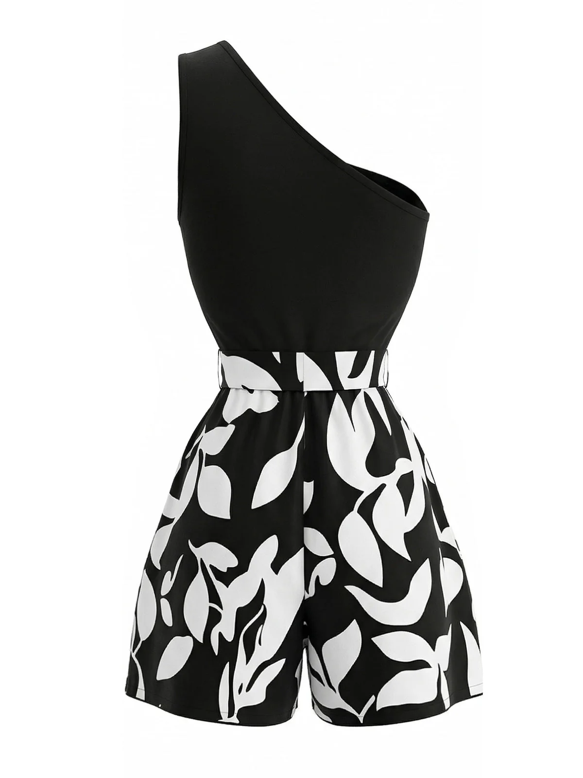 1930s One-Shoulder Plants Sleeveless Belted Romper - Image 3