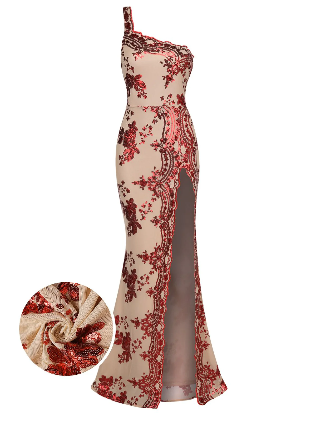 1930s One Shoulder Sequined Floral Slit Dress - Image 13