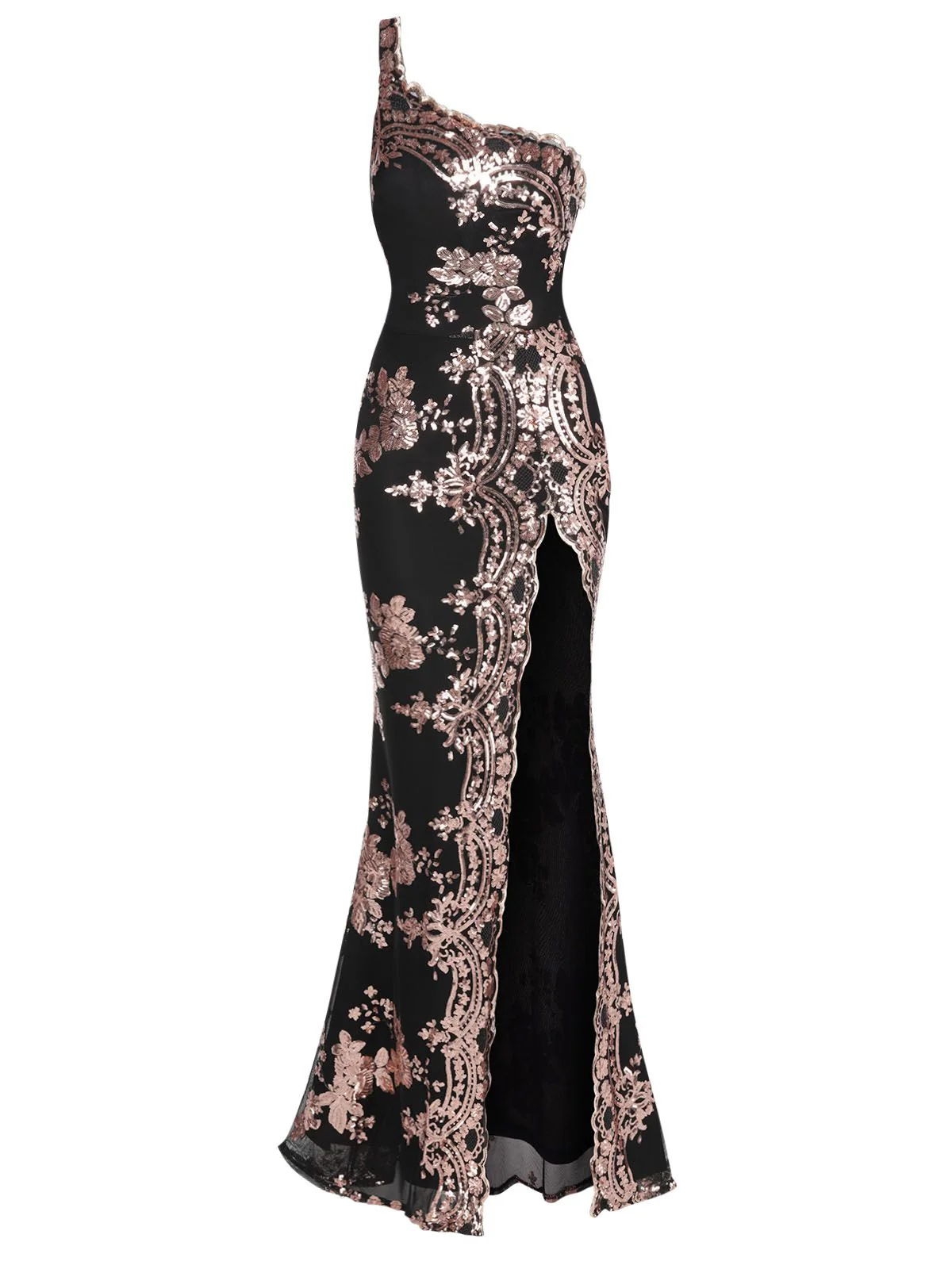 1930s One Shoulder Sequined Floral Slit Dress - Image 2