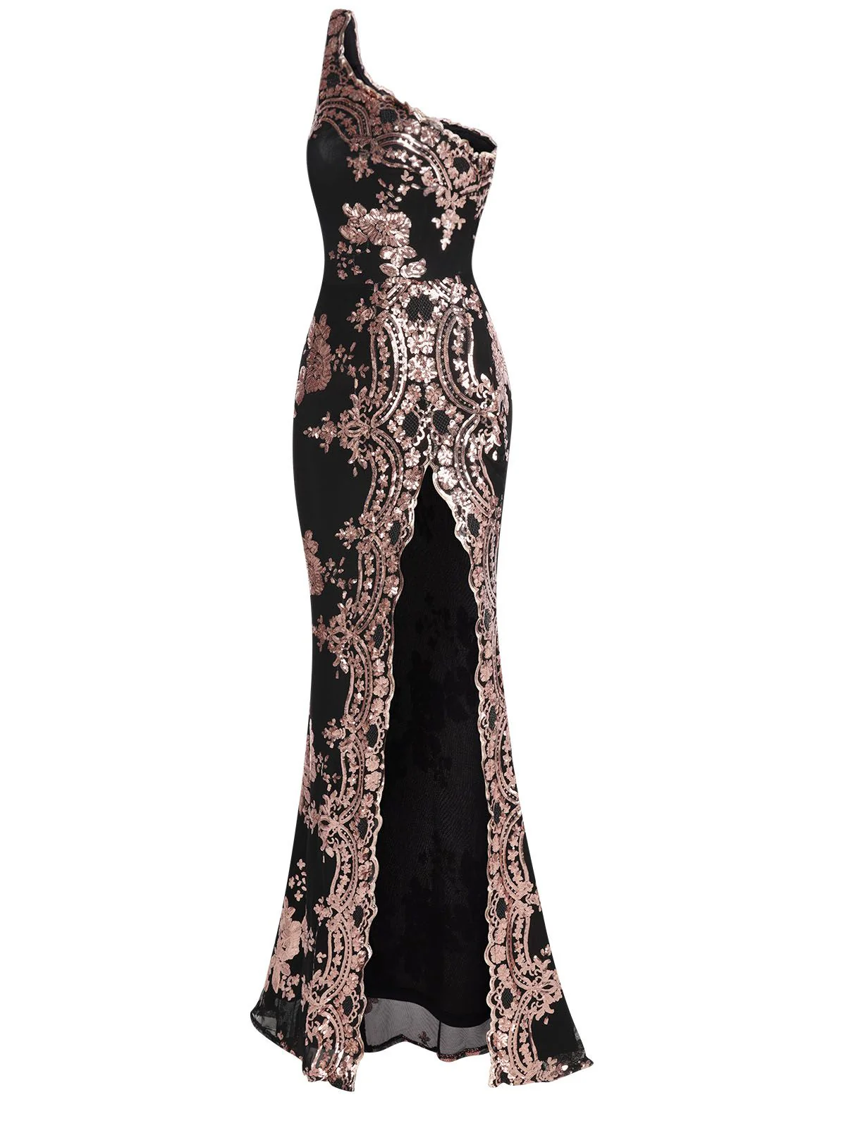 1930s One Shoulder Sequined Floral Slit Dress - Image 4