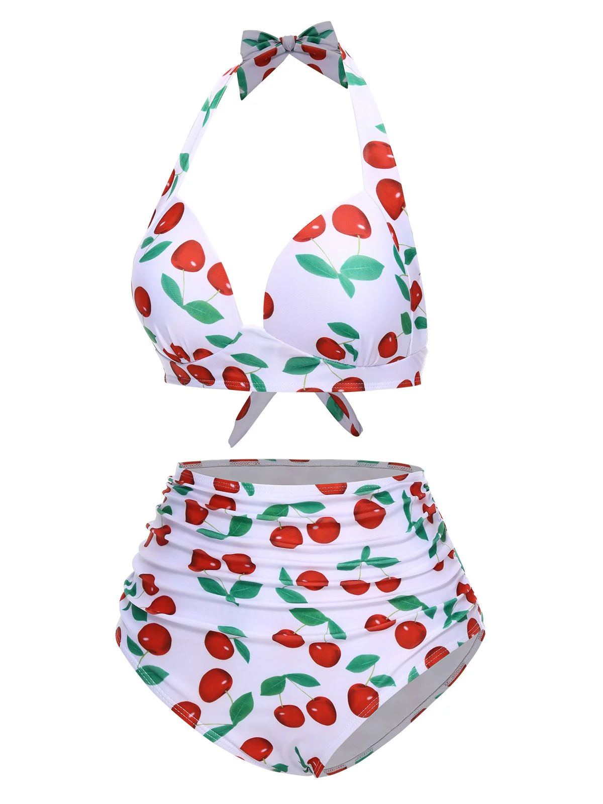1930s Red Cherry Ruched Halter Bikini Set - Image 2
