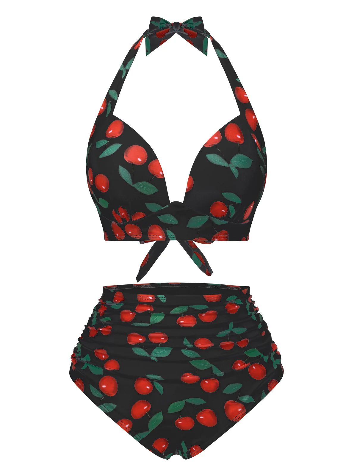 1930s Red Cherry Ruched Halter Bikini Set - Image 4