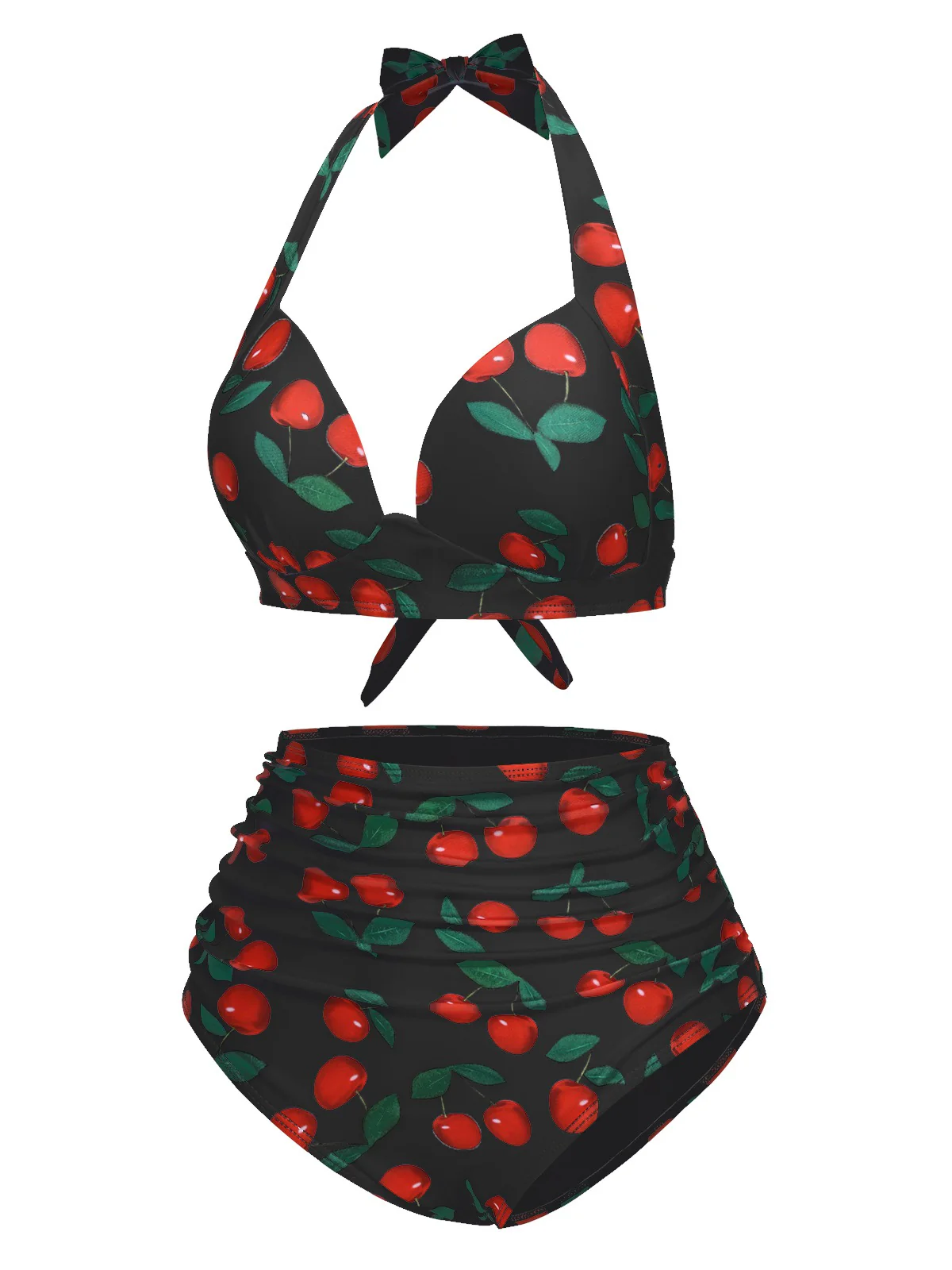 1930s Red Cherry Ruched Halter Bikini Set - Image 5
