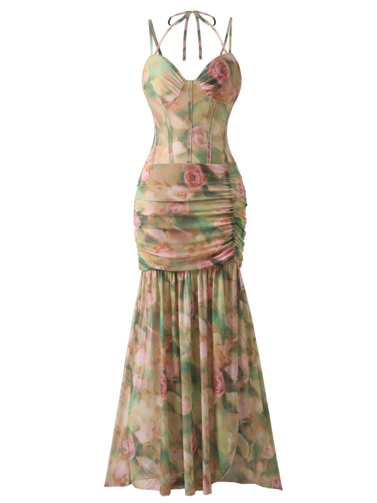 1930s Rose Print Fishbone Ruched Slit Dress - Image 2