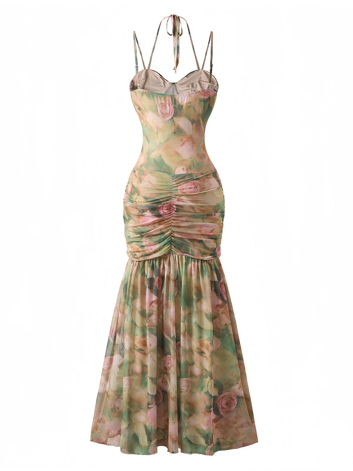 1930s Rose Print Fishbone Ruched Slit Dress - Image 3
