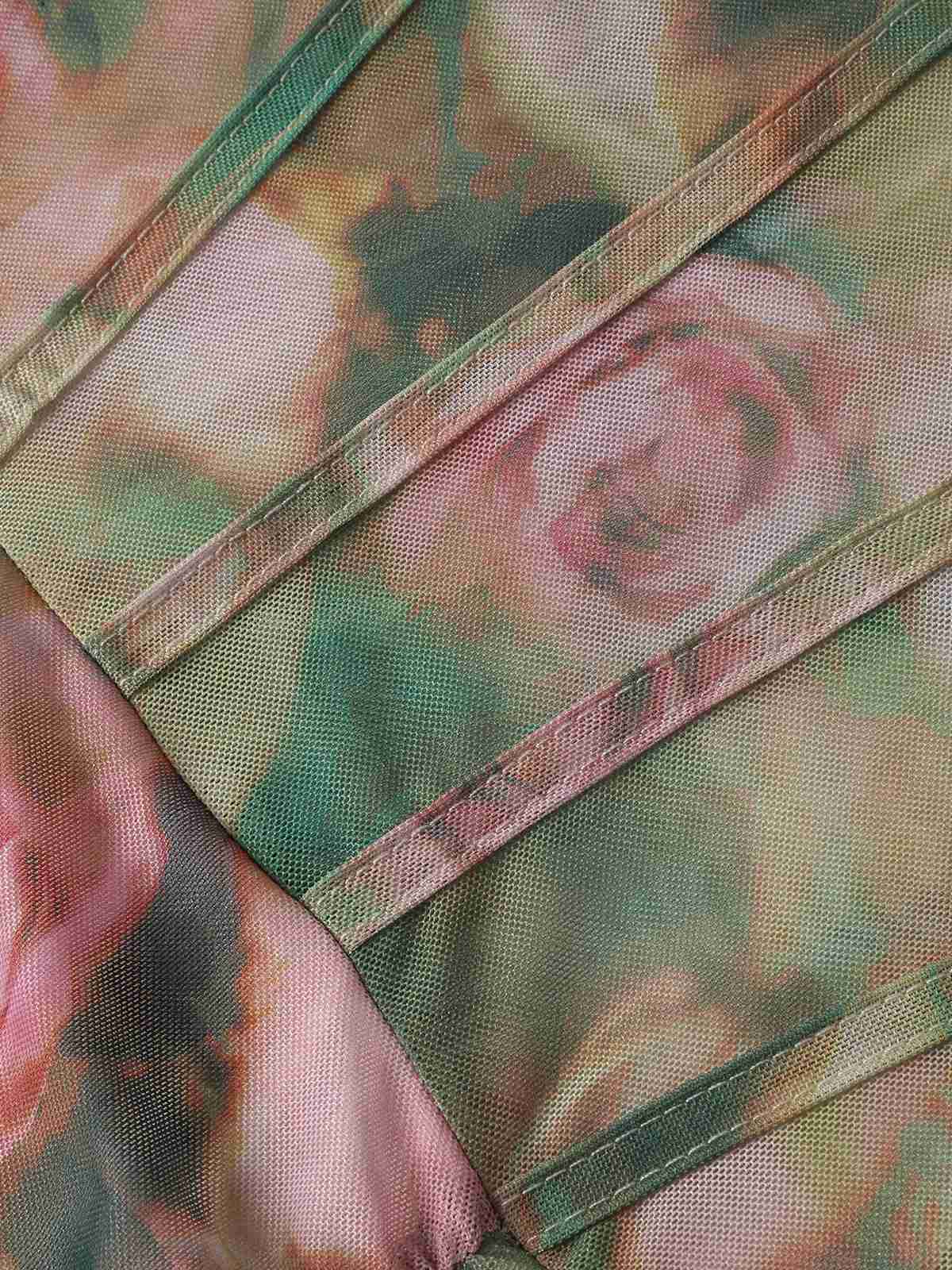 1930s Rose Print Fishbone Ruched Slit Dress - Image 4