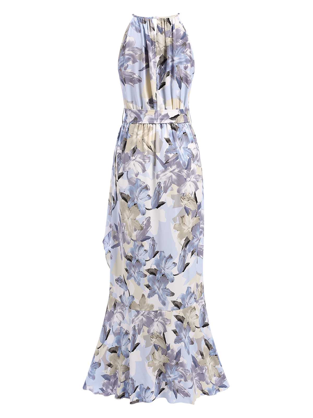 1930s Round Neck Floral Irregular Hem Belted Dress - Image 3