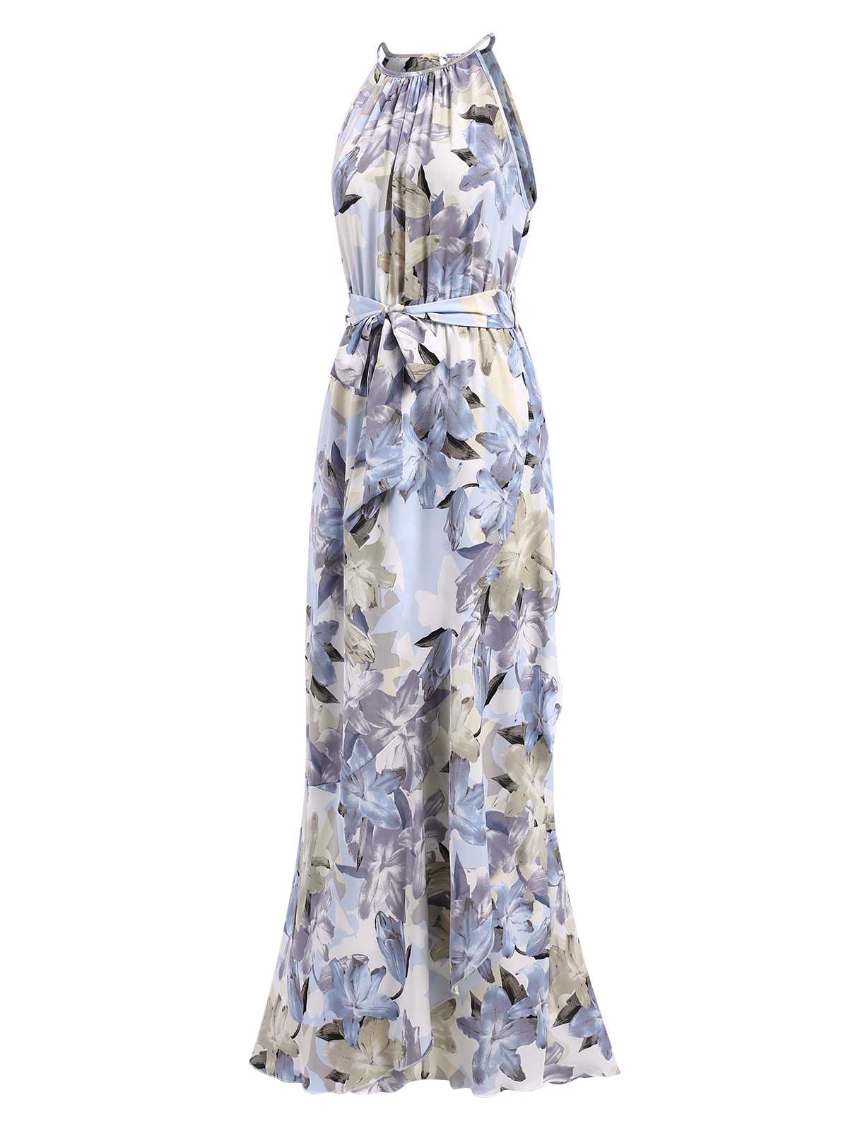 1930s Round Neck Floral Irregular Hem Belted Dress - Image 4